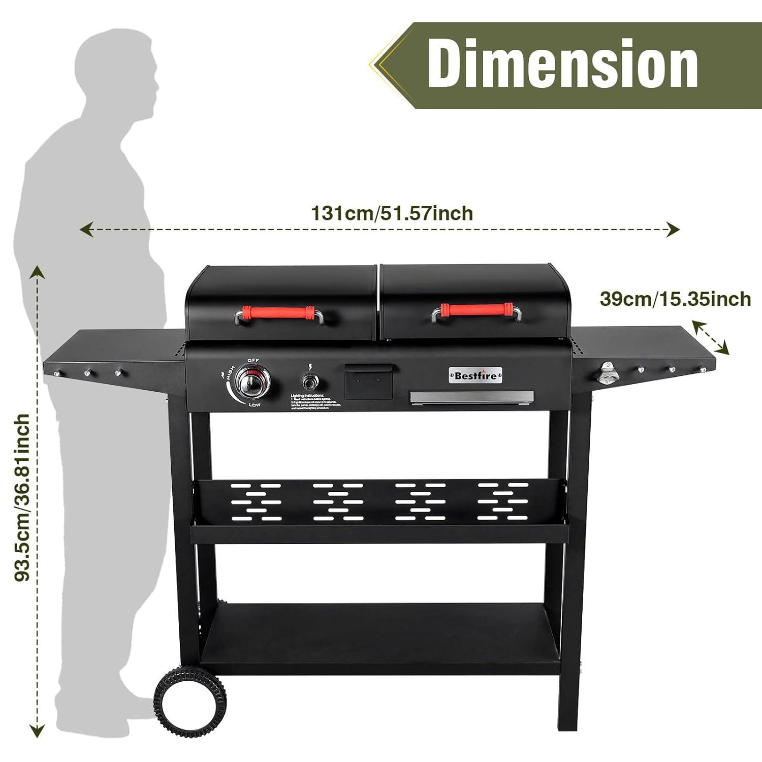 Bestfire Dual Fuel Propane Gas Charcoal Grill Combo Black Dual Lids, Flat Top Grill With 2 Side Shelves for BBQ, Outdoor and Backyard Cooking