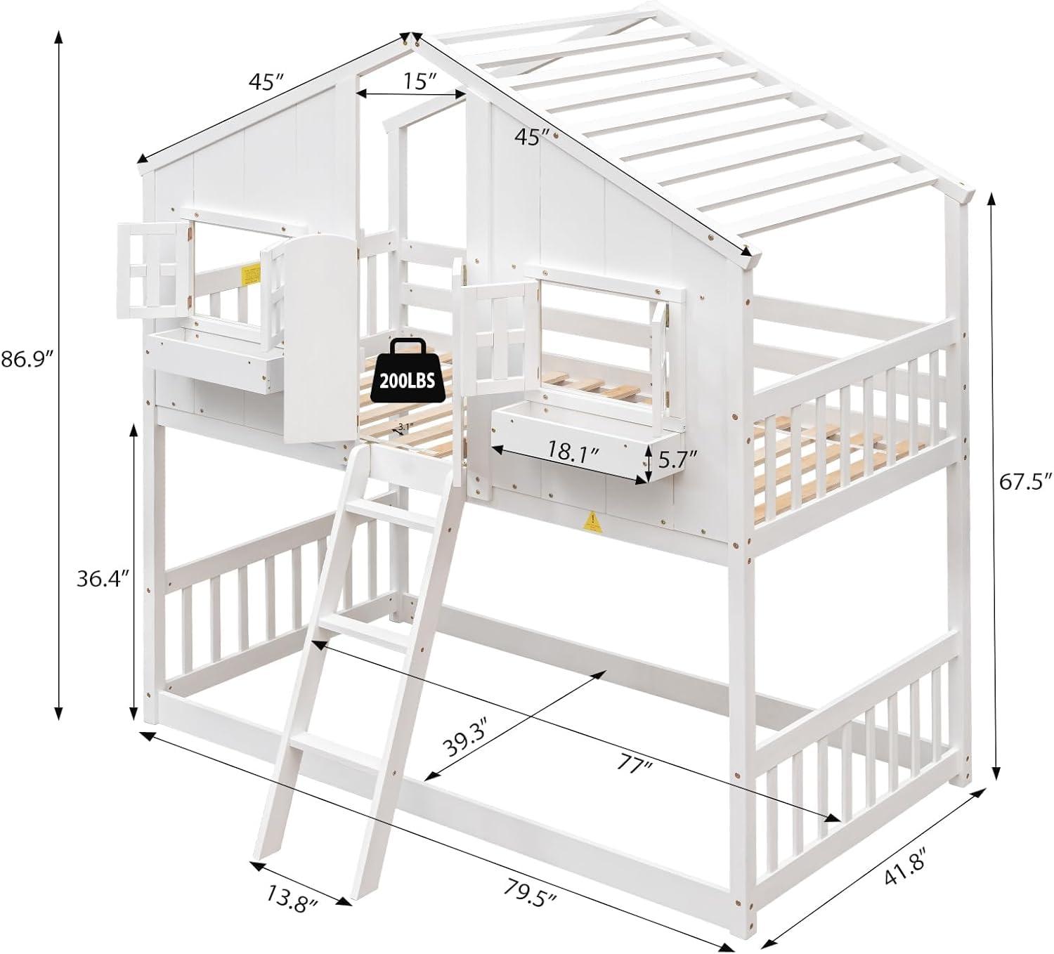 Harper & Bright Designs House Bunk Bed Twin Over Twin Kids Bunk Bed Wood Frame with Roof, Window, Window Box, Door, Safety Guardrails and Ladder, for Girls Boys (Twin Size, White)