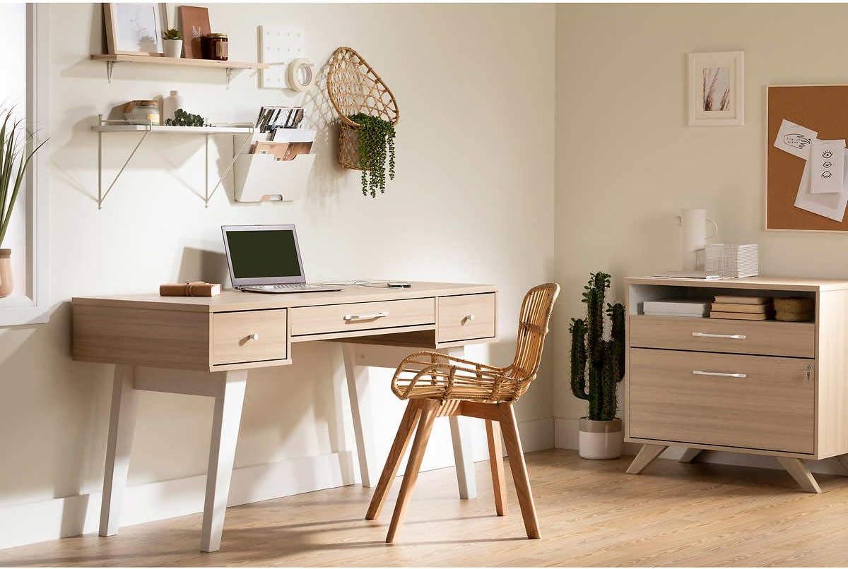 Soft Elm Scandinavian Computer Desk with Power Outlet and USB Ports