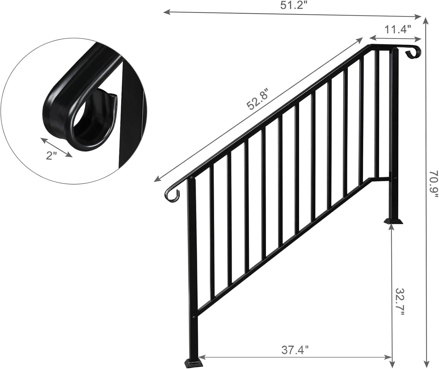 HLL Handrails for Outdoor Steps, Black Wrought Iron Handrail Fits 4 or 5 Steps, Transitional Handrail with Installation Kit, Stair Railing for Concrete Steps or Wooden Stairs