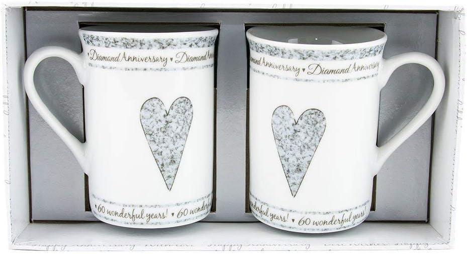 Beautifully Designed 60th Diamond Wedding Anniversary Set of Ceramic Mugs with Hearts | Dishwasher and Microwave Safe with Decorative Keepsake Box