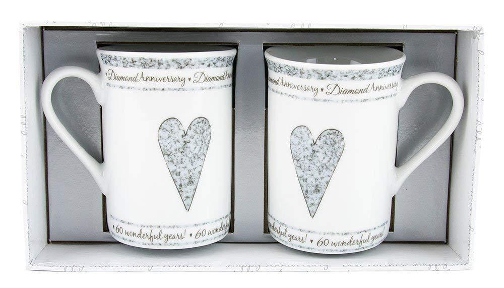 Beautifully Designed 60th Diamond Wedding Anniversary Set of Ceramic Mugs with Hearts | Dishwasher and Microwave Safe with Decorative Keepsake Box