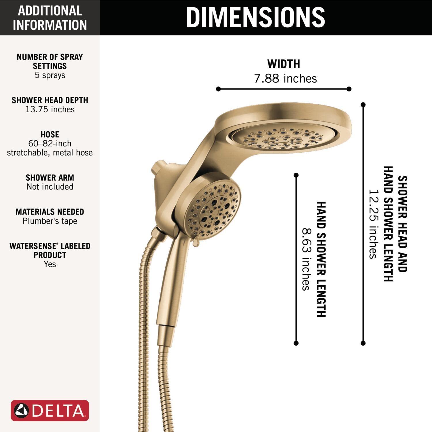 Hydrorain 5 Spray Dual Shower Head and Handheld Shower with Lumicoat and H2Okinetic 2.5 GPM