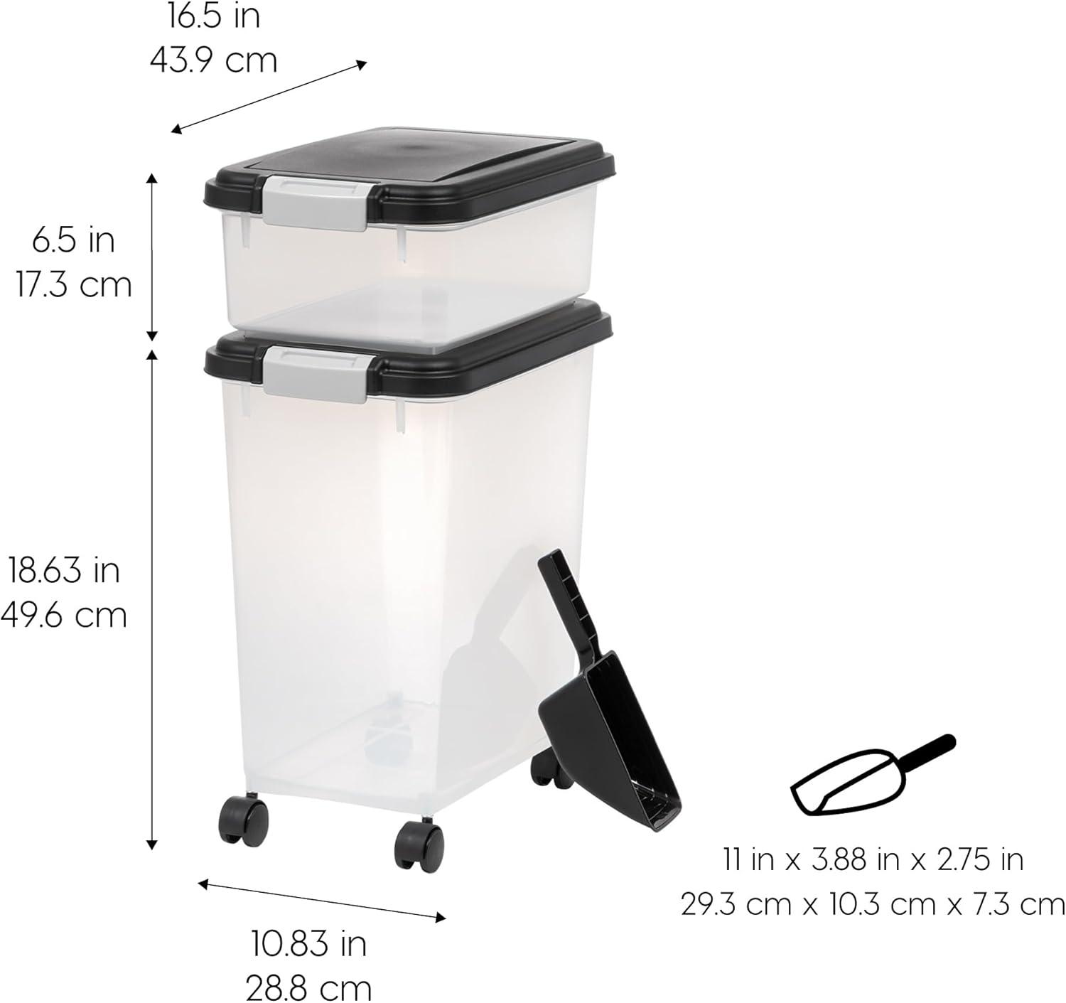 IRIS USA 30 lbs & 11 lbs Combo Airtight Dog Food Storage Container, Stackable Treat Box, 2-Cup Scoop, Casters, Keep Fresh, Easy Mobility, Black