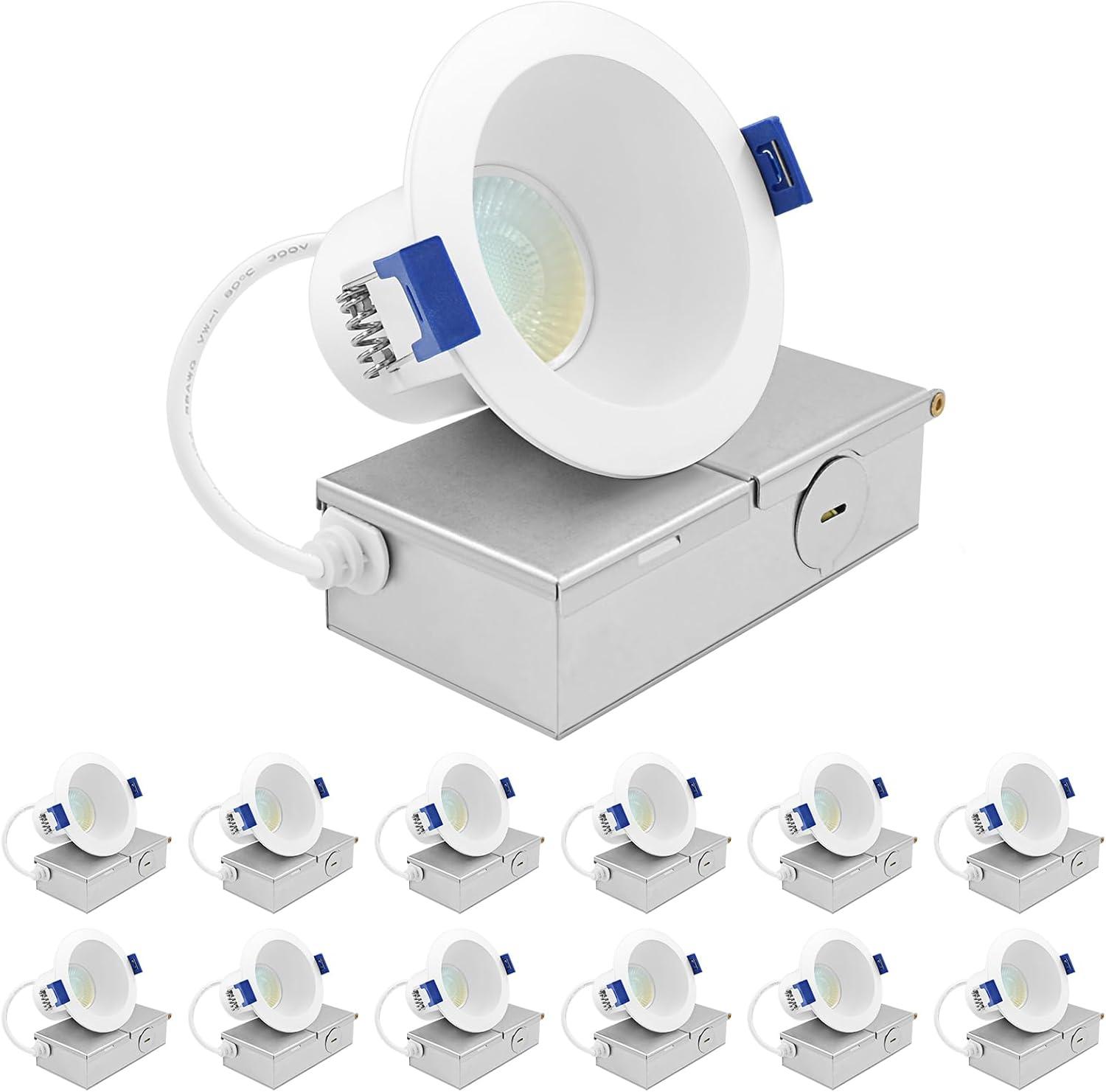 Luxrite 3 Inch LED Recessed Ceiling Light J-Box 8W 5CCT 2700K/3000K/3500K/4000K/5000K 840LM Dimmable Canless Downlight, Wet Rated IC Rated ETL 12 Pack