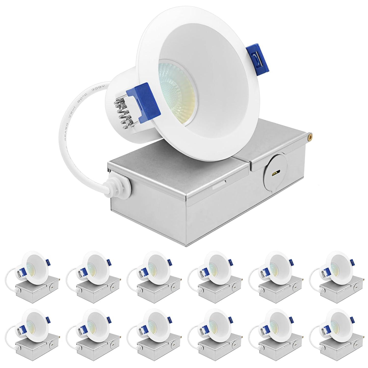 Luxrite Luxrite 3 Inch LED Recessed Ceiling Light J-Box 8W 5CCT 2700K/3000K/3500K/4000K/5000K 840LM Dimmable Canless Downlight, Wet Rated IC Rated ETL 12 Pack LR23320-12PK
