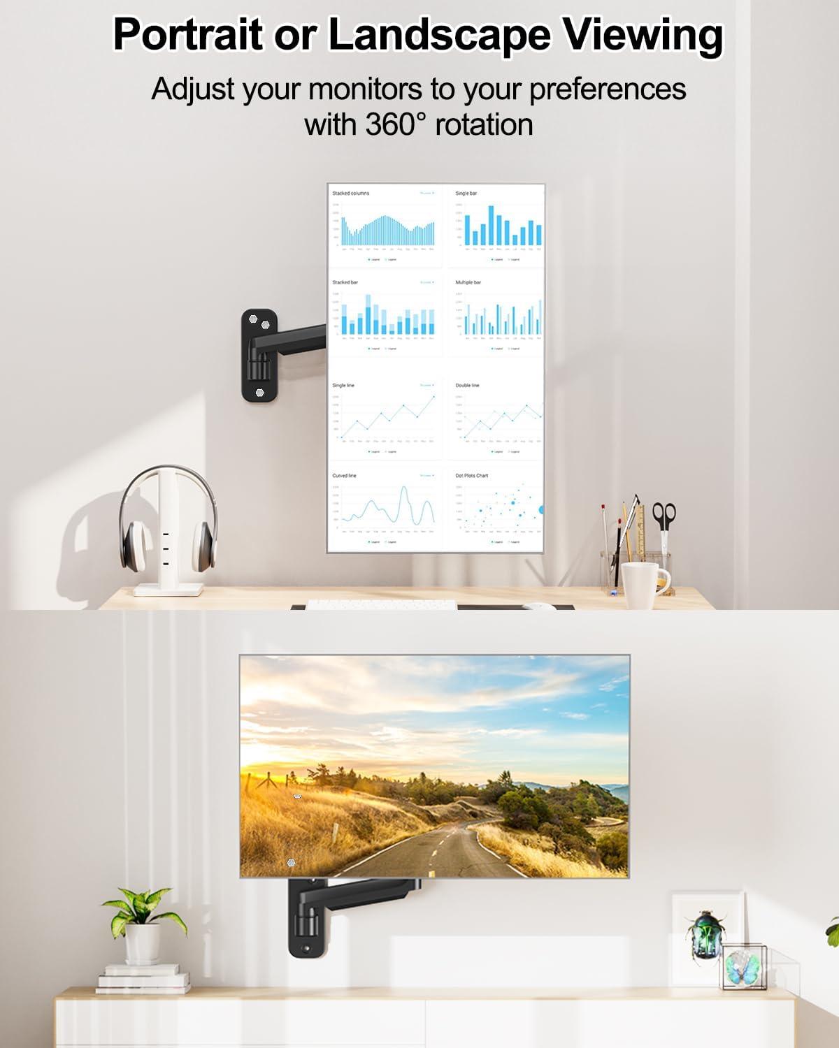 Black Adjustable Gas Spring Single Monitor Wall Mount for 13 to 32 Inch Screens