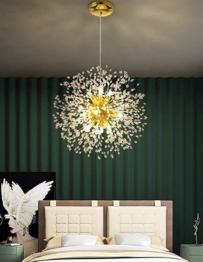 Mercer41 Modern Gold Crystal Chandelier With 12-Light Firework Design, Adjustable Dandelion Pendant Lighting For Dining Room, Living Room, Bedroom, Kitchen, And Hallway
