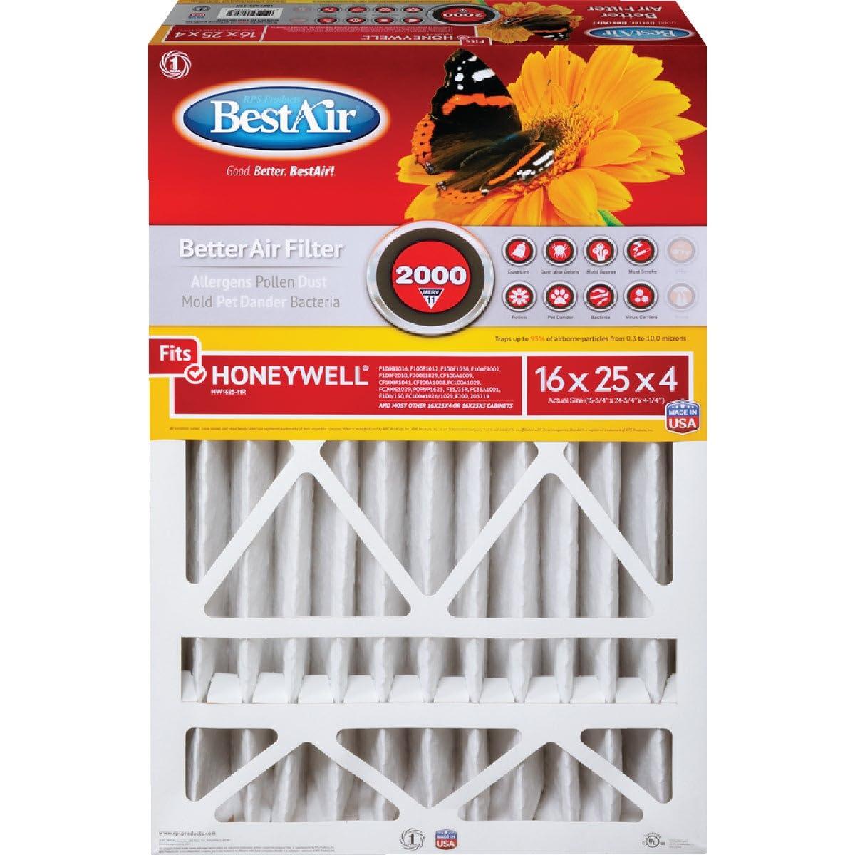 BestAir 3pk Honeywell 16X25X4 Replacement Air Furnace Filter Merv 11: Electrostatic, Captures Dust & Pollen, MERV 11