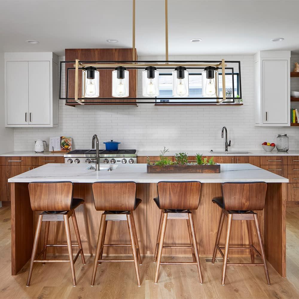 Modern Black and Brass 5-Light Island Chandelier with Glass Shades