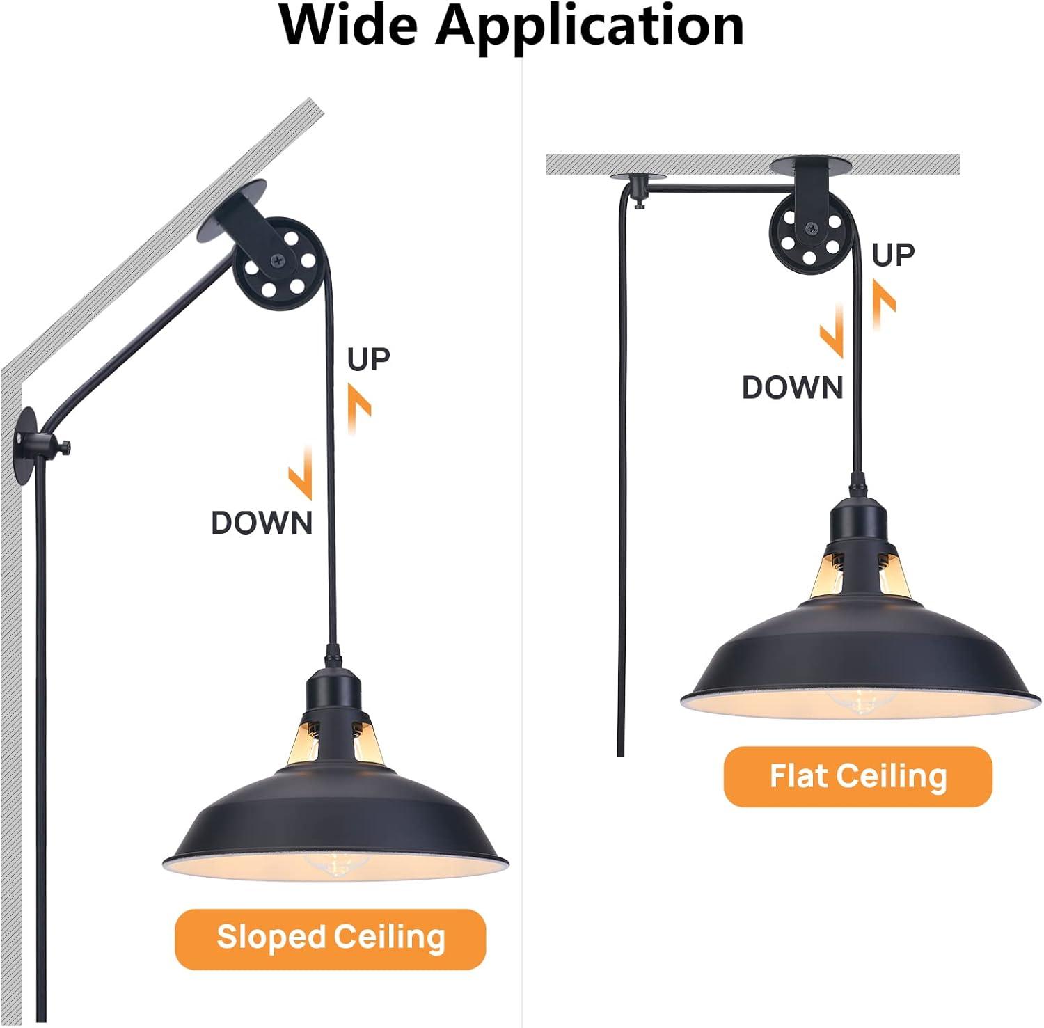 Plug in Pendant Light, Hanging Lamp with Black Barn Pendant Lighting with 14.76ft Cord On/Off Switch, Adjustable Pulley Hanging Pendant Lighting for Kitchen Bedroom Restaurant 2 Pack