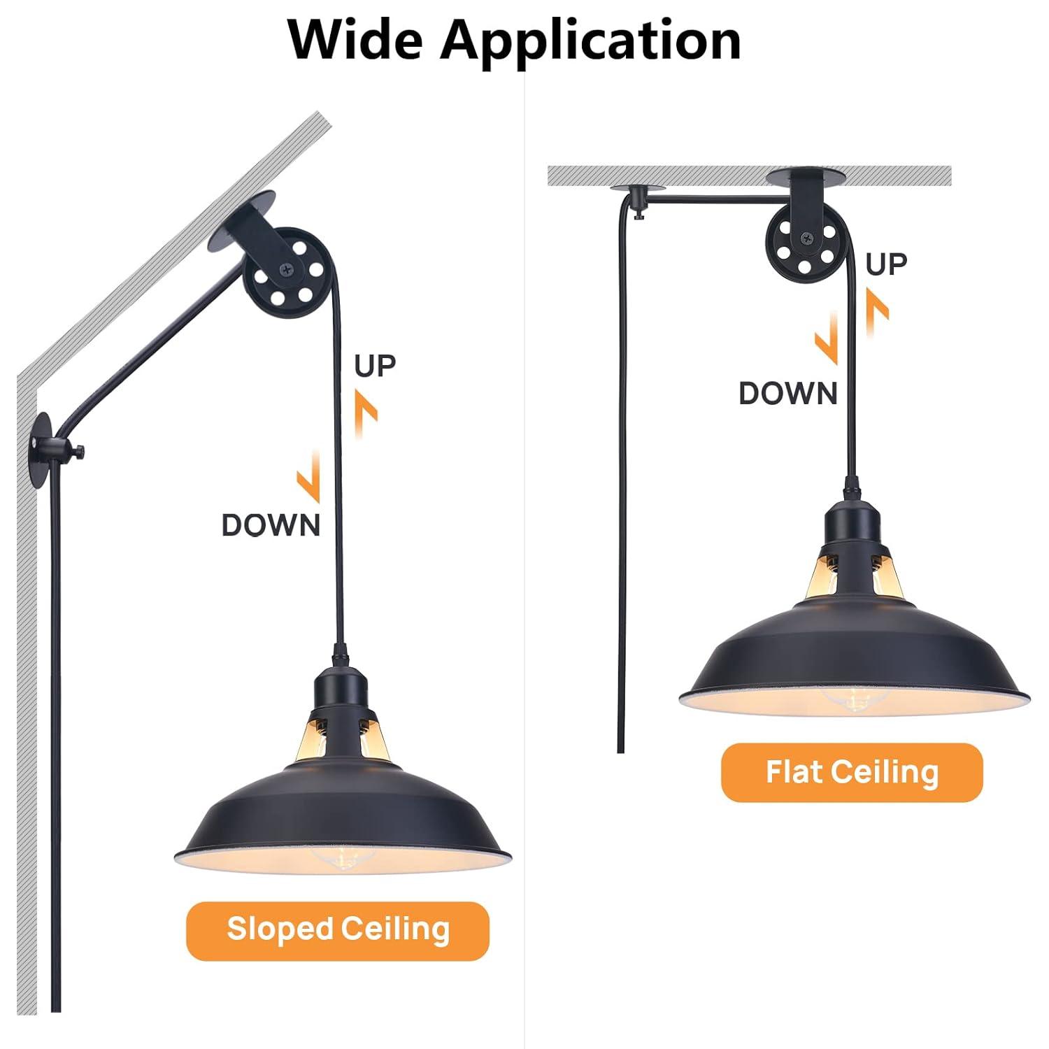 Plug in Pendant Light, Hanging Lamp with Black Barn Pendant Lighting with 14.76ft Cord On/Off Switch, Adjustable Pulley Hanging Pendant Lighting for Kitchen Bedroom Restaurant 2 Pack