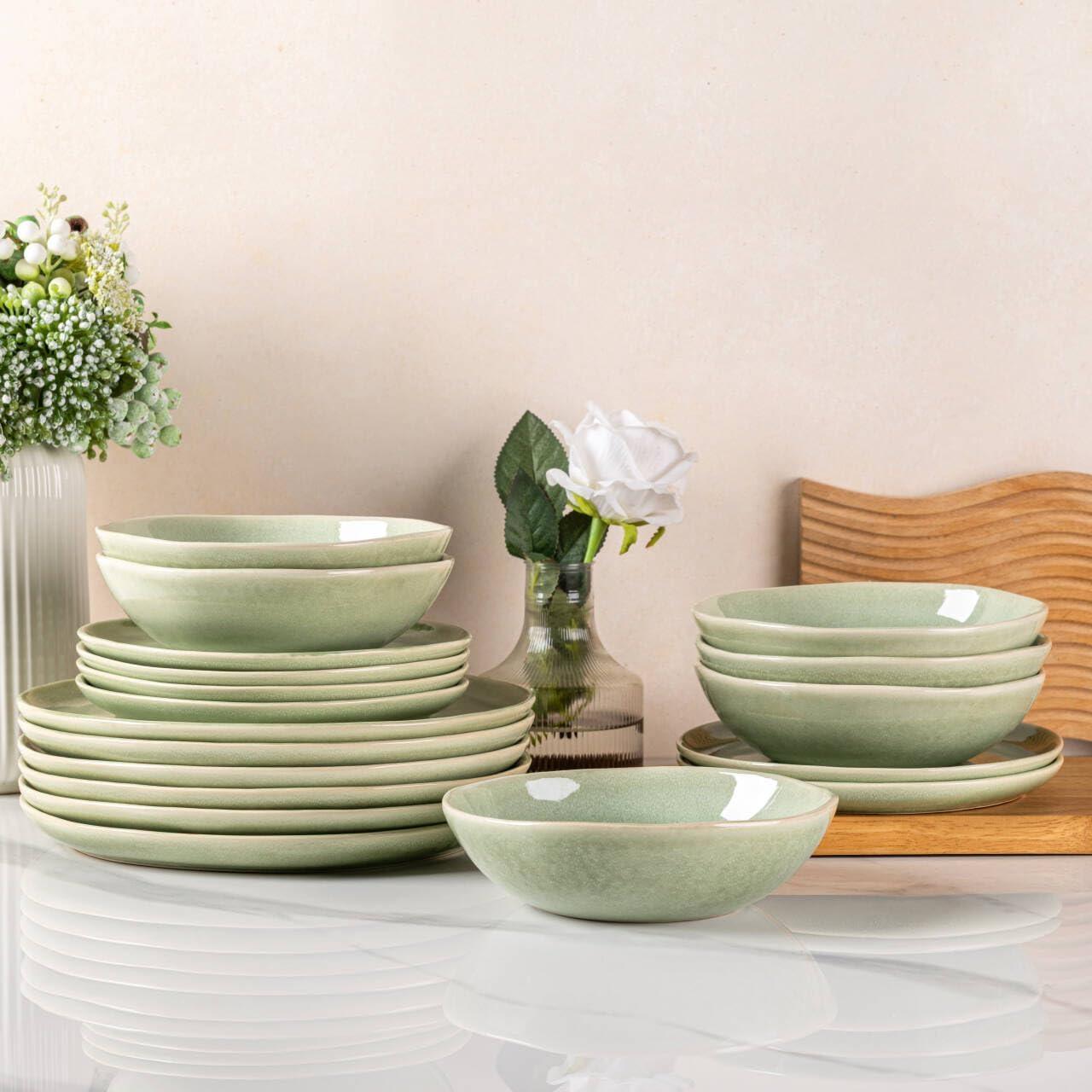 Olive Green and White Ceramic Dinnerware Set for 4