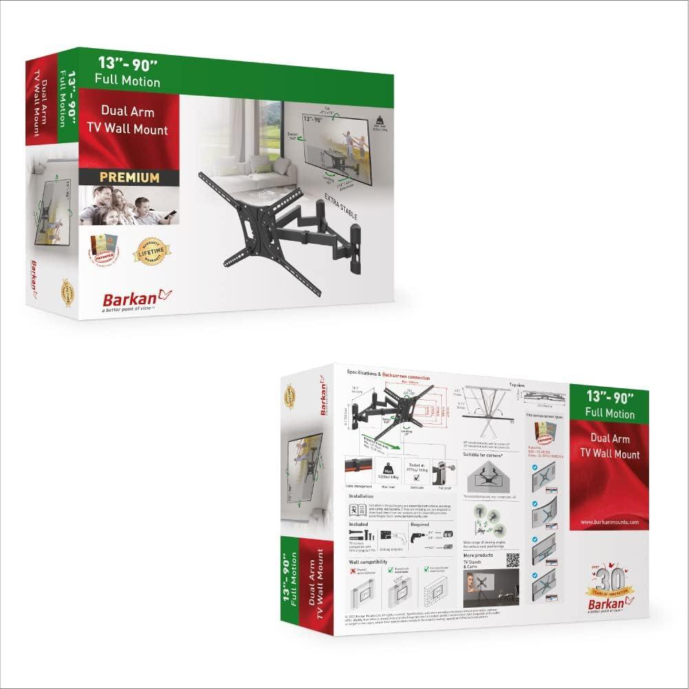 Barkan 13" - 90" Full Motion, Dual Arm TV Wall Mount - Extension, Swivel & Tilt
