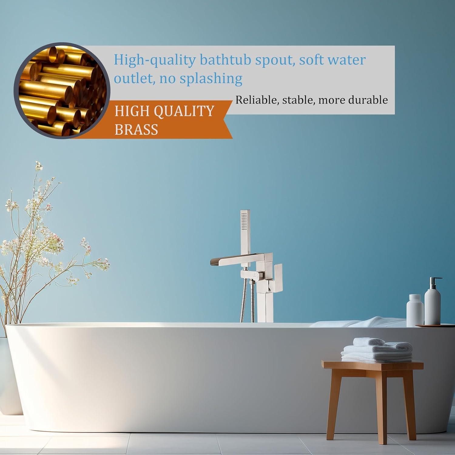 AlenArtWater Waterfall Tub Filler Freestanding Bathtub Faucet Floor Mount Brass Single Handle Bathroom Faucets with Hand Shower 93-LJQKCZ
