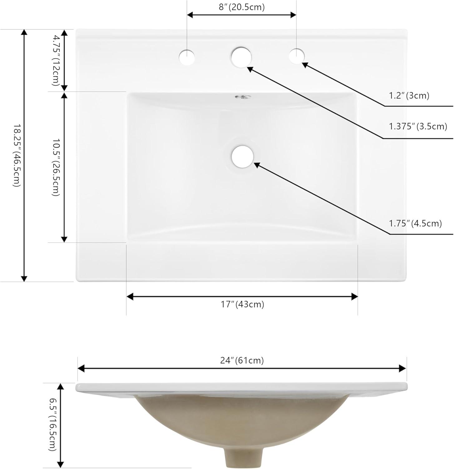 Ancillary 3-Hole 24" Classic Contemporary Rectangular Ceramic Single Sink Basin Vanity Top
