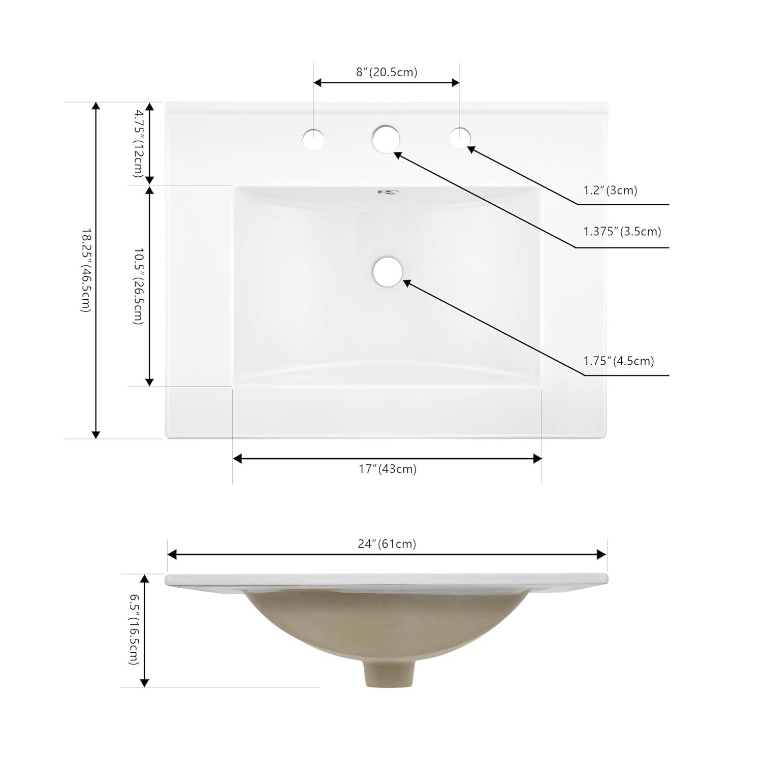 Ancillary 3-Hole 24" Classic Contemporary Rectangular Ceramic Single Sink Basin Vanity Top