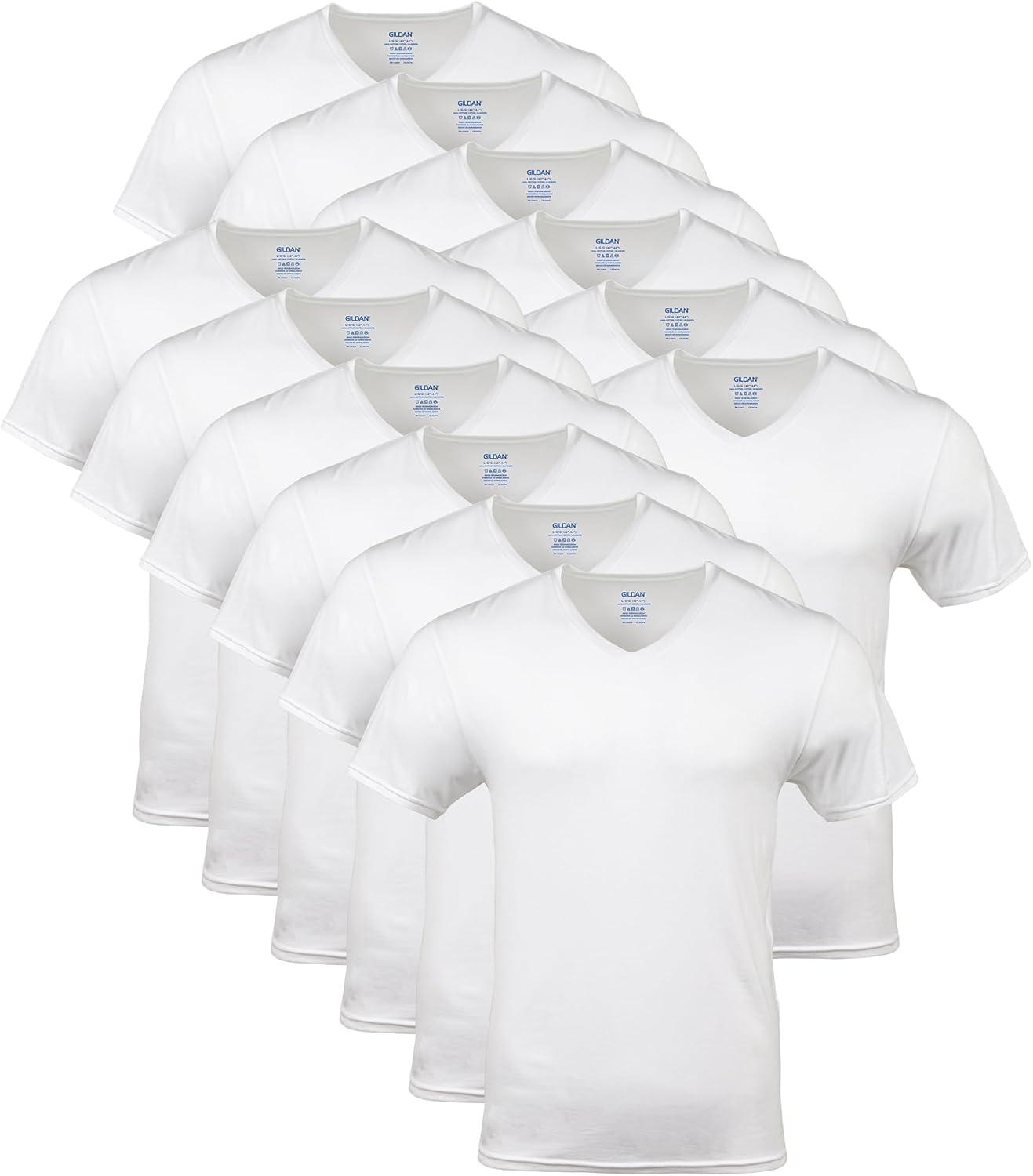 Gildan Men's Short Sleeve V-Neck White T-Shirt, 12-Pack