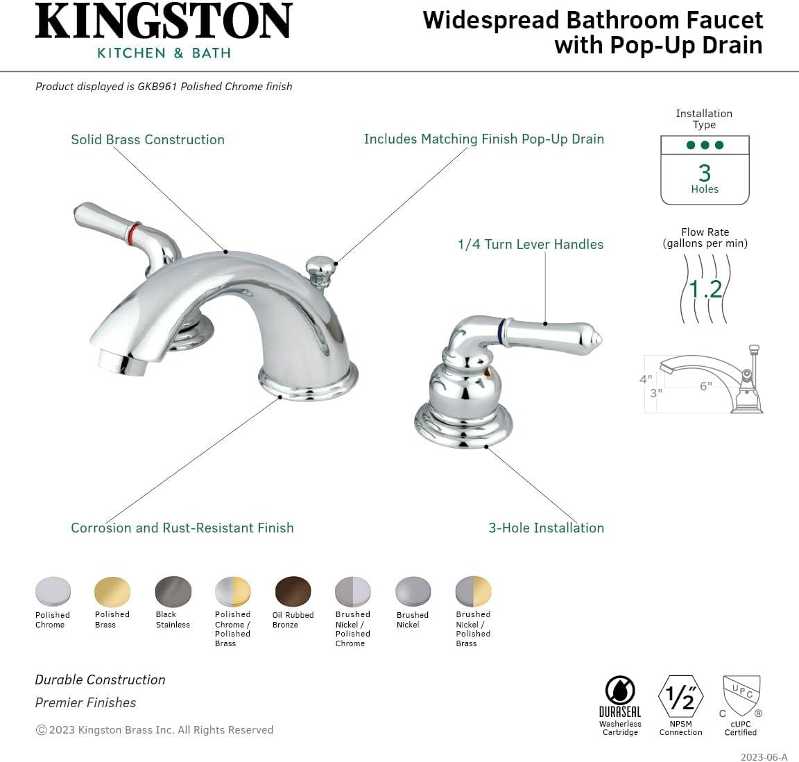 Kingston Brass Magellan Two-Handle 3-Hole Deck Mount Widespread Bathroom Faucet with Retail Pop-Up Drain