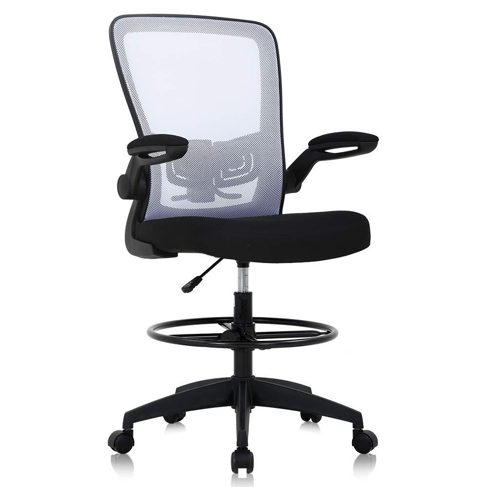Drafting Chair Tall Office Chair Adjustable Height with Lumbar Support Flip Up Arms Footrest Mid Back Task Mesh Desk Chair Computer Chair Drafting Stool for Standing Desk, Black