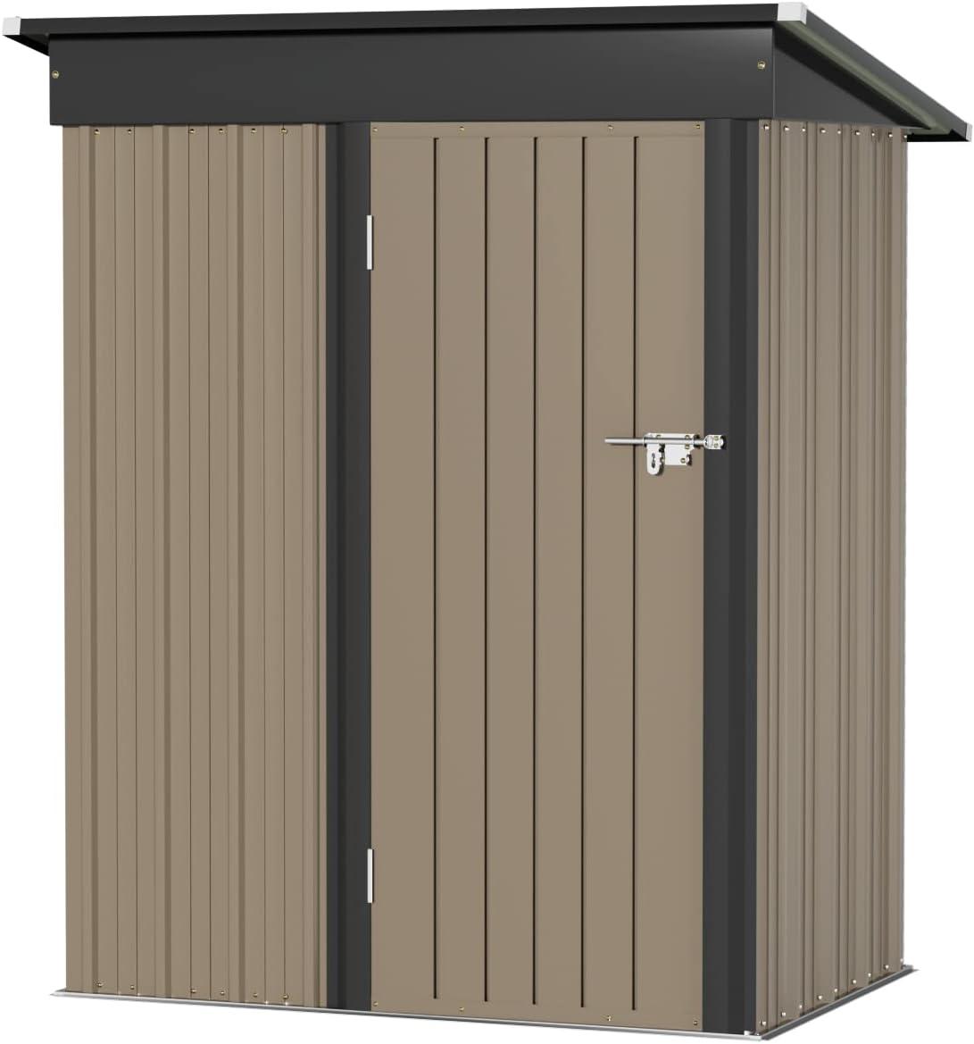 Outdoor Storage Shed 5X3 FT Small Outside Sheds & Outdoor Storage Anti-Corrosion Metal Shed Waterproof Outdoor Storage Cabinet with Door & Lock for Backyard Patio Lawn (Brown)