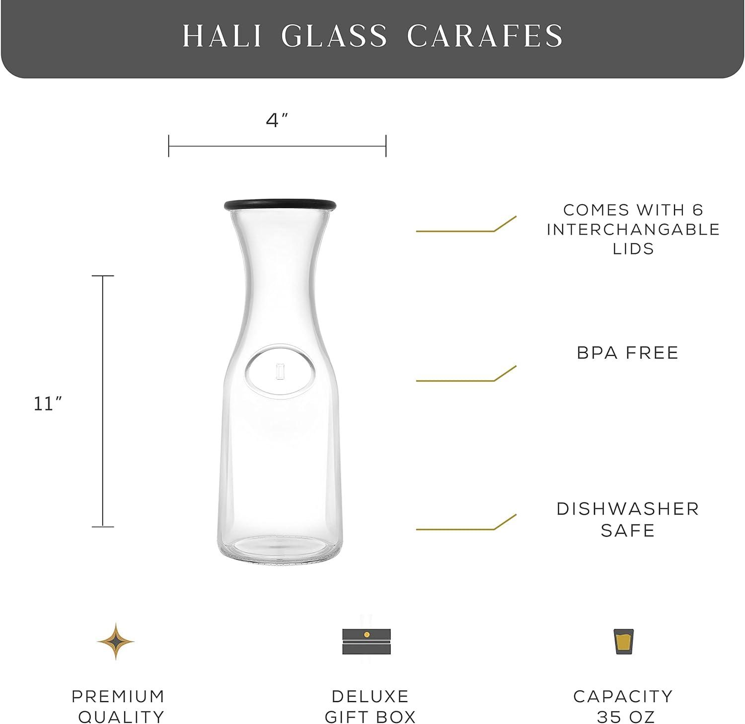 JoyJolt Hali Glass Carafe Bottle Pitcher with 6 Lids, 36 oz