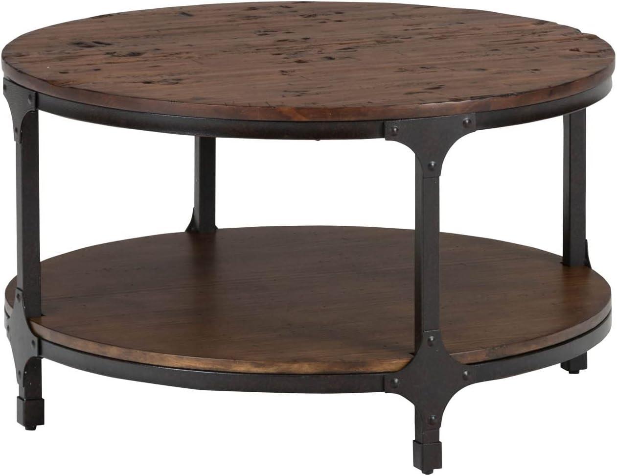 Industrial Round Brown Pine and Steel Coffee Table