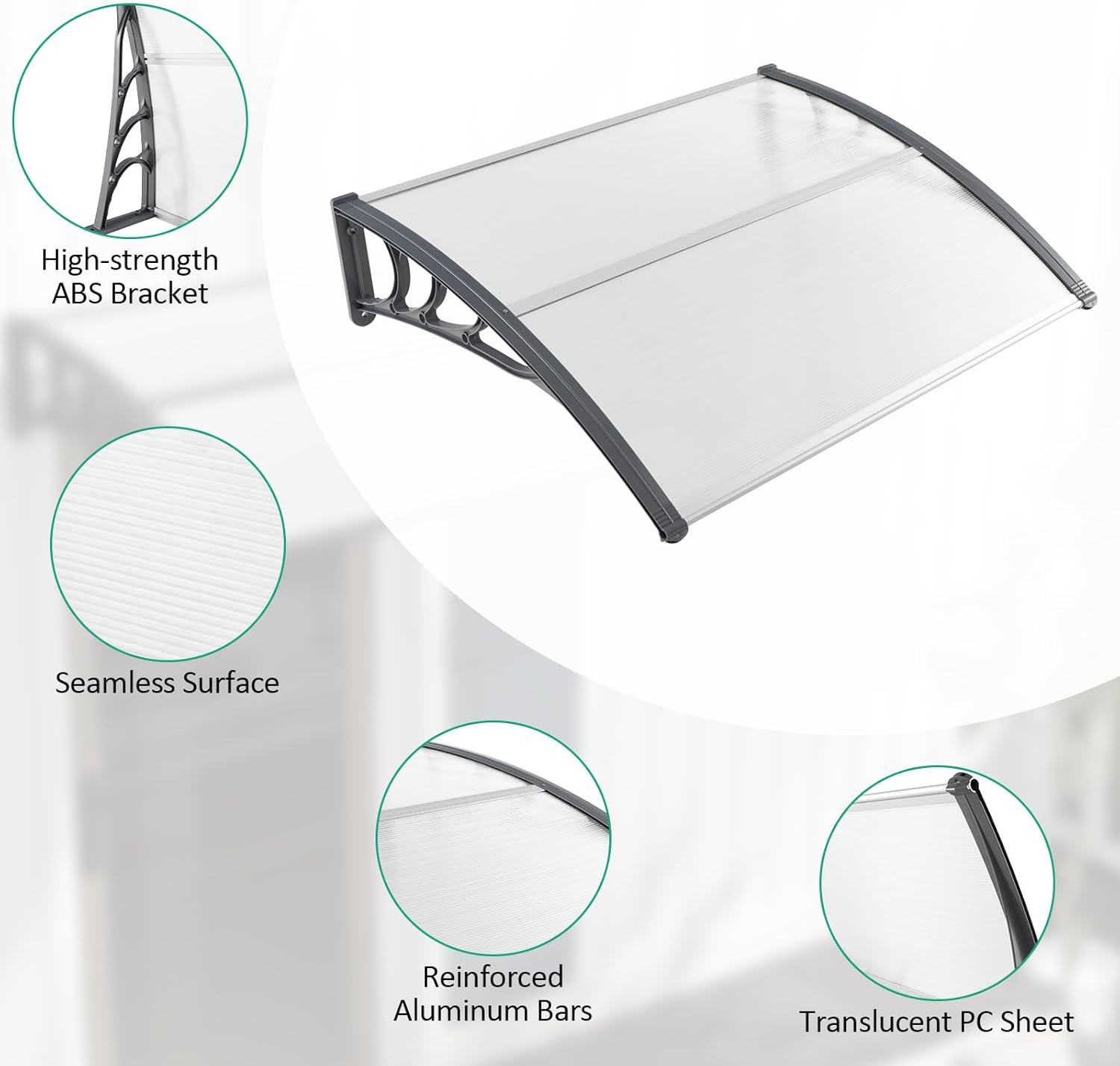 48" x 40" Window Awning, Awnings for Doors, with Hollow Sheet, Rain Snow Sunlight, Outdoor Awning Canopy Exterior for Porch, Deck, Patio, Balcony, Gray