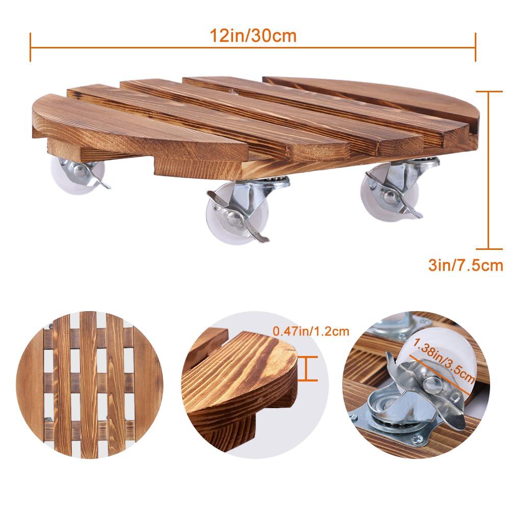 BUSATIA 2pack 12" Plant Caddy Plant Stand with Wheels,Rolling Plant Stand Heavy Duty Wooden Round Plant Dolly Rollers with 360°Metal Lockable Casters Indoor Outdoor Pot Plant Roller Base Caddies