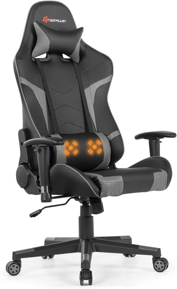 Costway Massage Gaming Chair Reclining Swivel Racing Office Chair w/Lumbar Support Grey