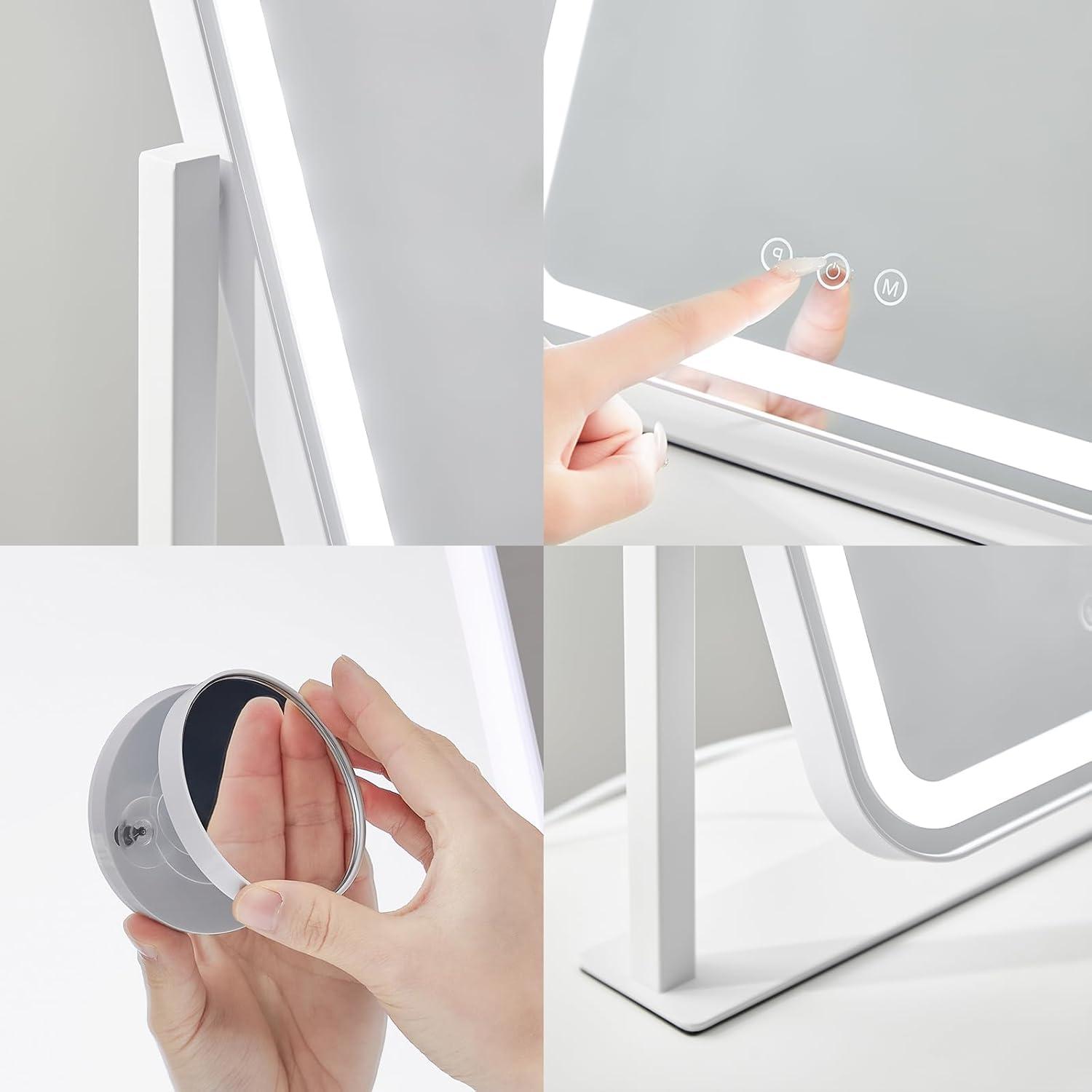 HIEEY Lighted Makeup Mirror, Hollywood Vanity Mirror with Lights, Three Color Lighting Modes, and 5X Magnification Mirror, Smart Touch Control, 360°Rotation (14.1in,White,Gift Box)