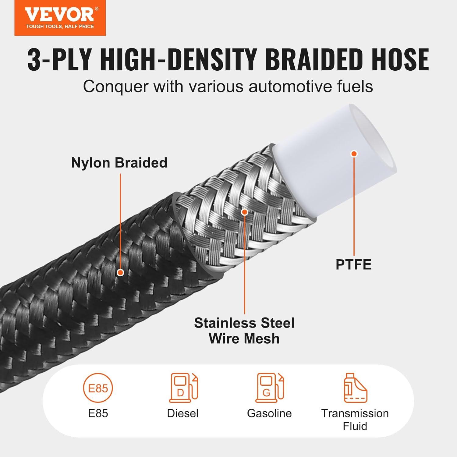 6AN Fuel Line Kit, 25 FT Fuel Hose Kit, 5/16" Nylon Stainless Steel Braided PTFE Fuel Line Kit, E85/Oil/Gas/Diesel Hose End Fitting Kit, with 15 PCS Swivel Fitting Adapter