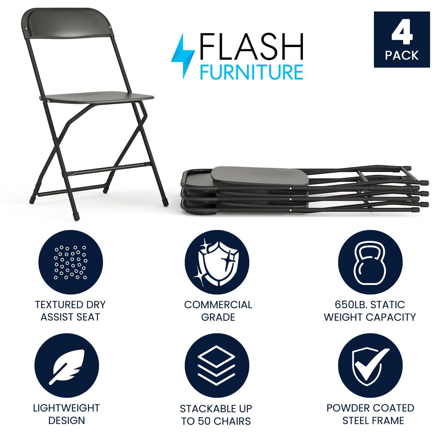 Flash Furniture Hercules Series Plastic Folding Chair - Black - 4 Pack 650LB Weight Capacity Comfortable Event Chair - Lightweight Folding Chair -