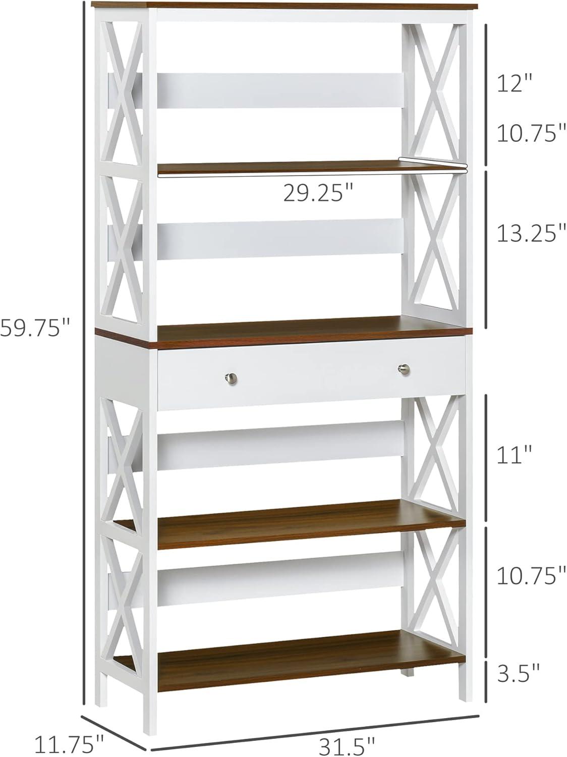 HOMCOM 4-Tier Shelving Bookcase Storage Cupboard with Pull Out Drawer, and Wooden Frame with X Bar Stability, White