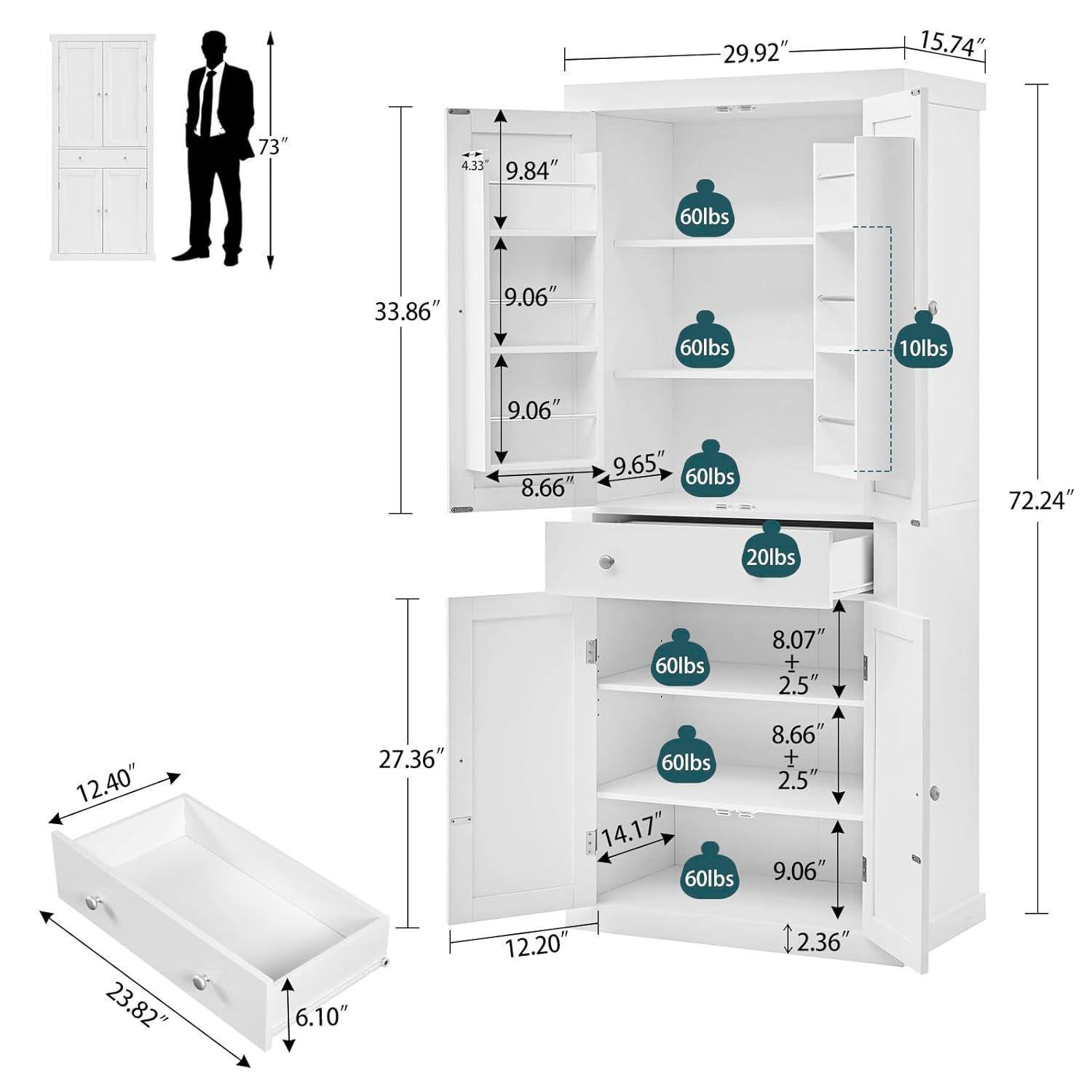 usikey 72” Pantry Cabinet, Tall Kitchen Storage Cabinet with 4 Doors and 1 Drawer, Cupboard with 6 Hanging Shelves and Adjustable Shelves for Kitchen, Dining Room, Living Room, White
