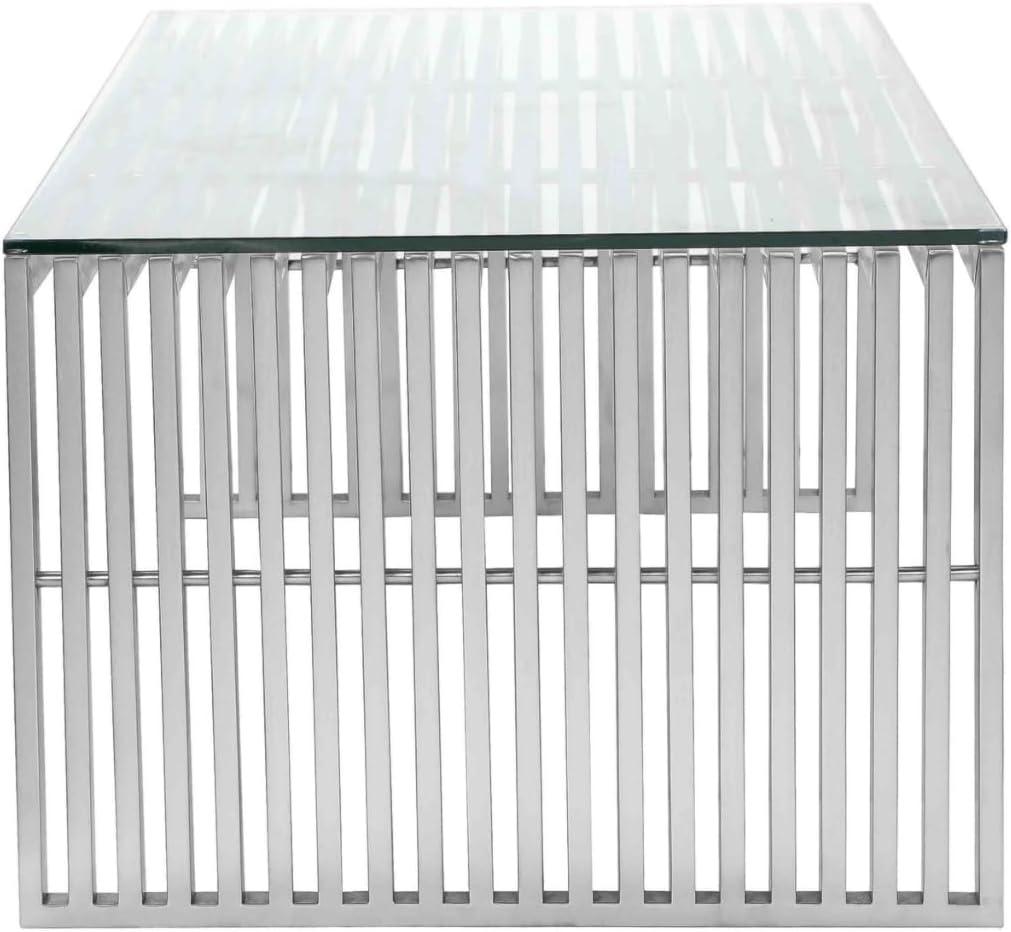 Benjara Meza 47 Inch Coffee Table, Glass Top, Waterfall Slatted Panel Frame, Silver
