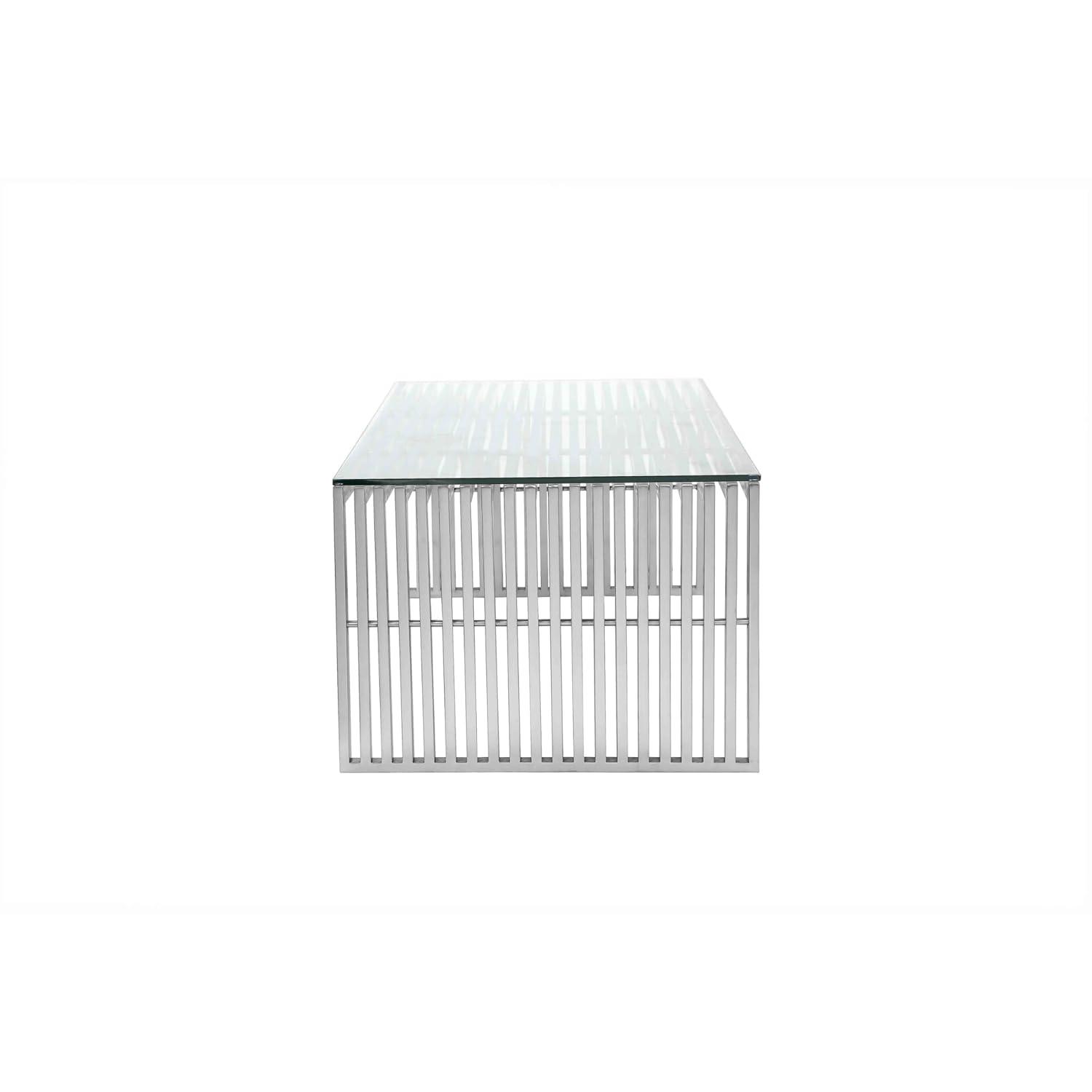 Benjara Meza 47 Inch Coffee Table, Glass Top, Waterfall Slatted Panel Frame, Silver