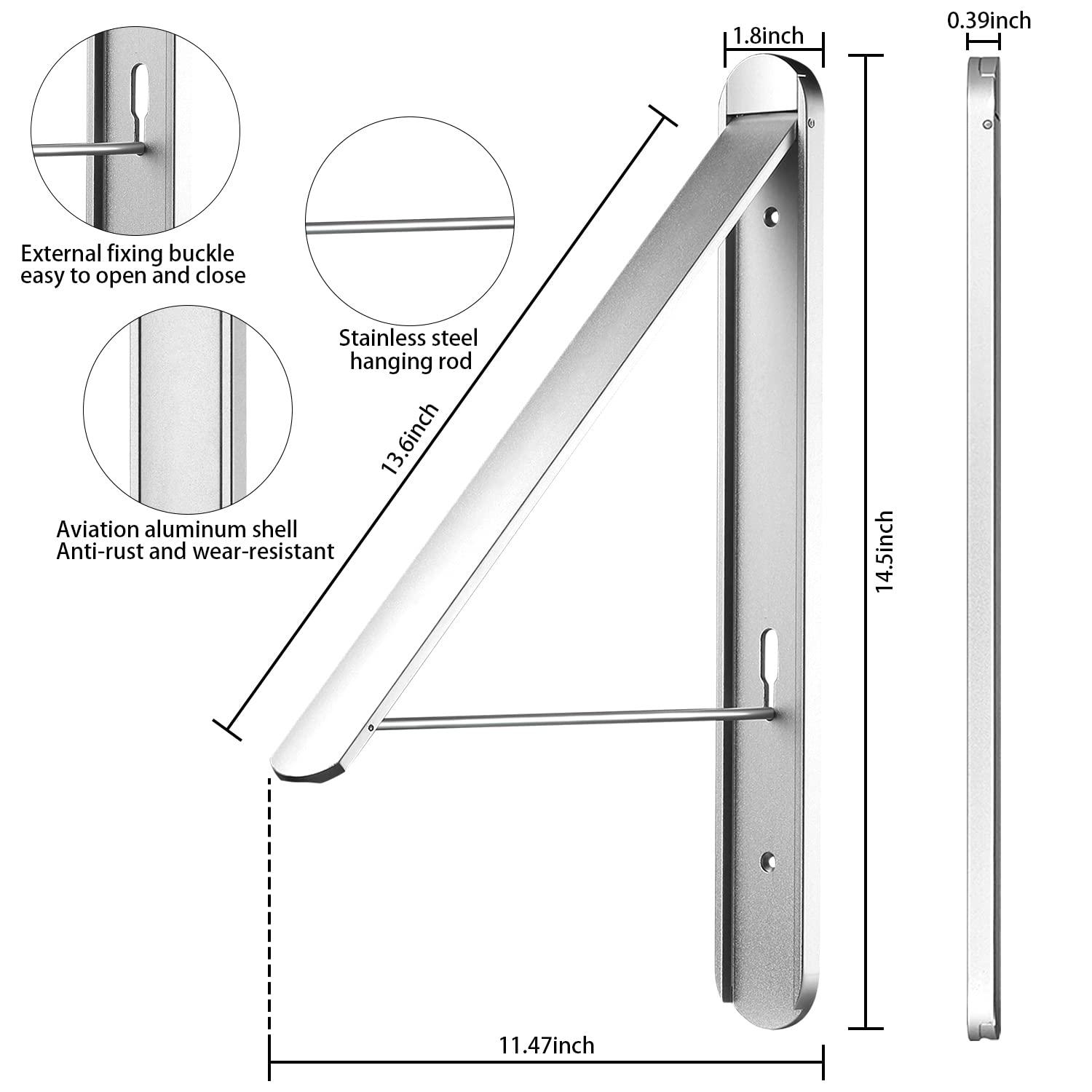 Clothes Drying Rack for Small Laundry Rooms, Clothes Drying Rack Folding Indoor, Wall Mounted Clothes Rack Foldable, (Aluminum, Silver)