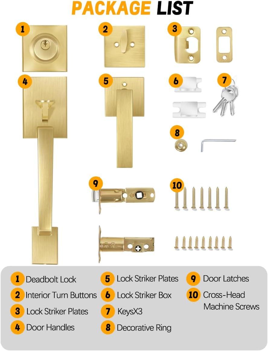 Front Door Lock Set - Exterior Door Handle Set with Deadbolt Door Lock Single Cylinder Interior Entry Handle with Lever Reversible Left & Right Gold