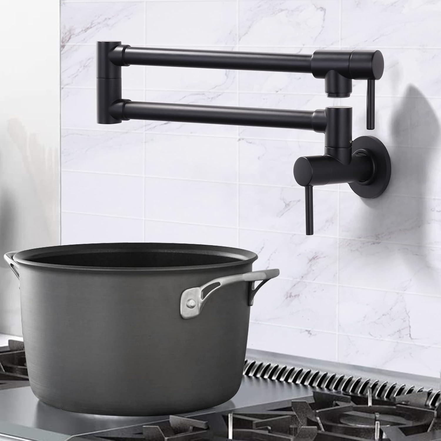 Wowow Contemporary Wall Mount Pot Filler Faucet with Double Joint Swing Arm in Matte Black