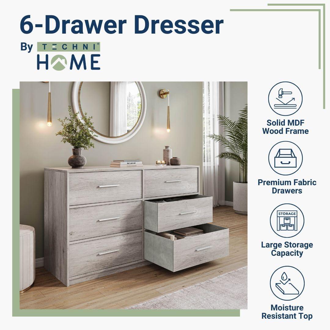 6-Drawer Dresser with Extra Large Fabric Bins, Wood Frame Storage Organizer for Bedroom, Living Room, or Hallway, Versatile Design Doubles as a TV Stand, Ideal for Home Organization, Grey