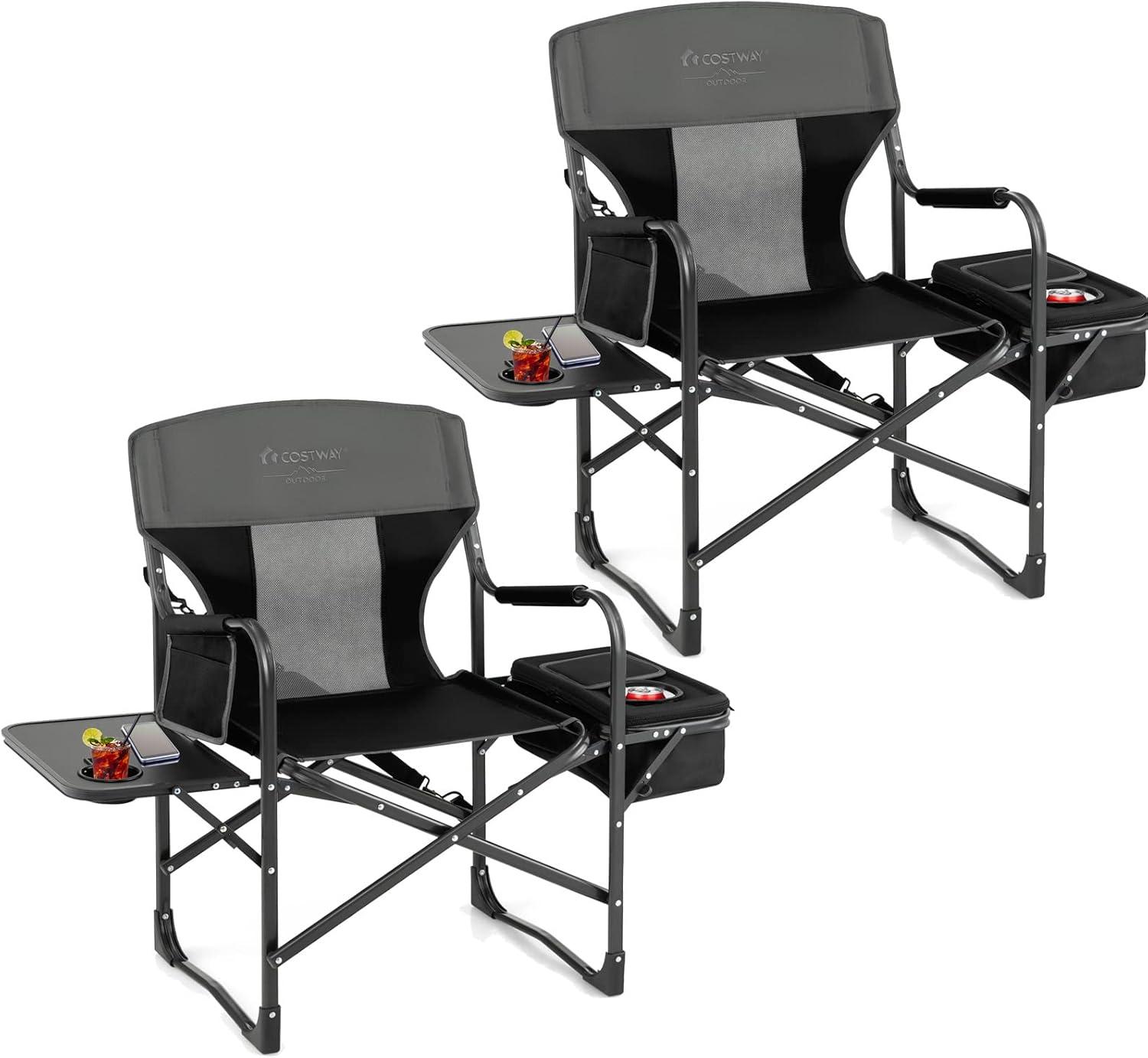 Topcobe Folding Camping Directors Chair with Cooler Bag and Side Table, Portable Chairs for Adults, Comfy Outdoor Chair, Black