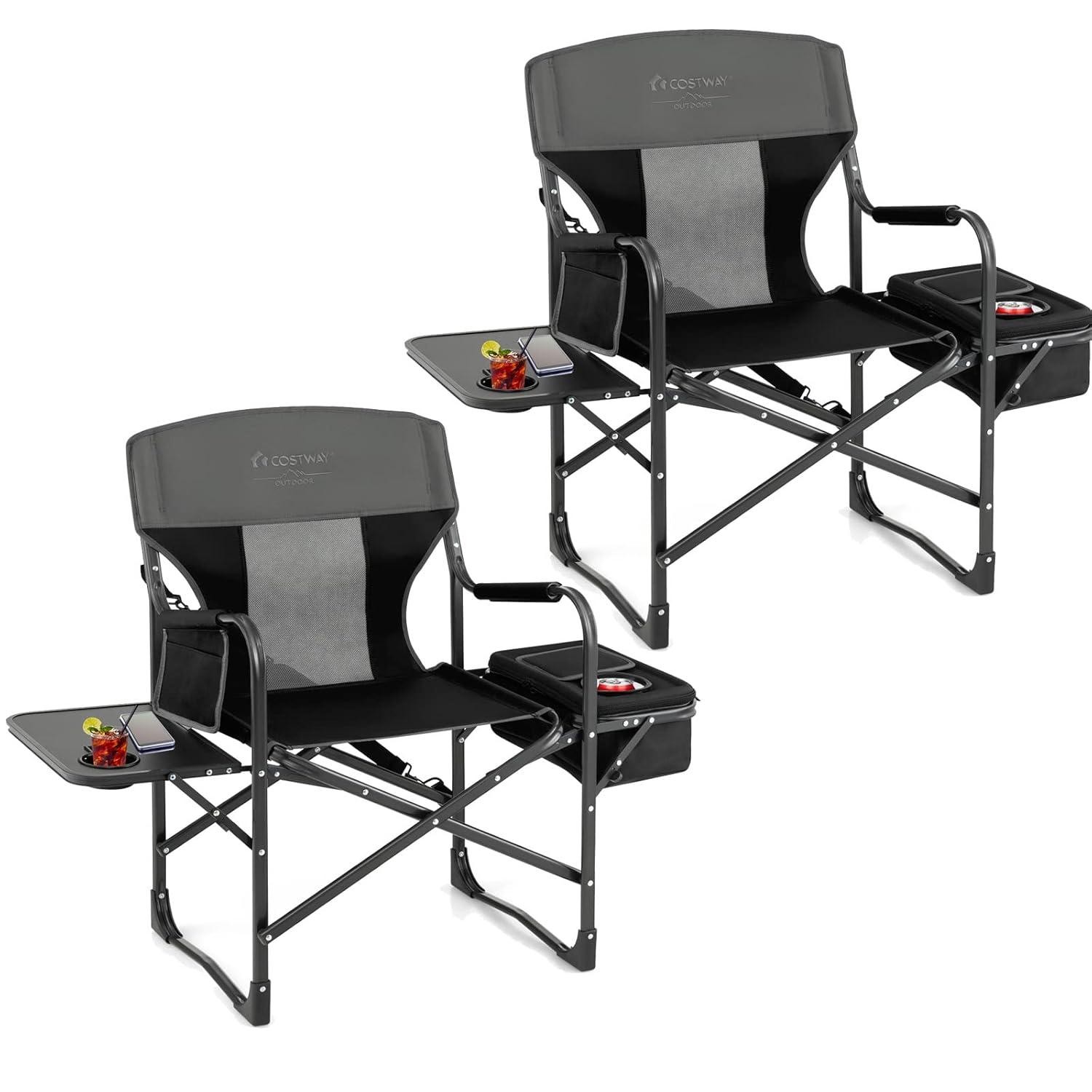 Topcobe Folding Camping Directors Chair with Cooler Bag and Side Table, Portable Chairs for Adults, Comfy Outdoor Chair, Black
