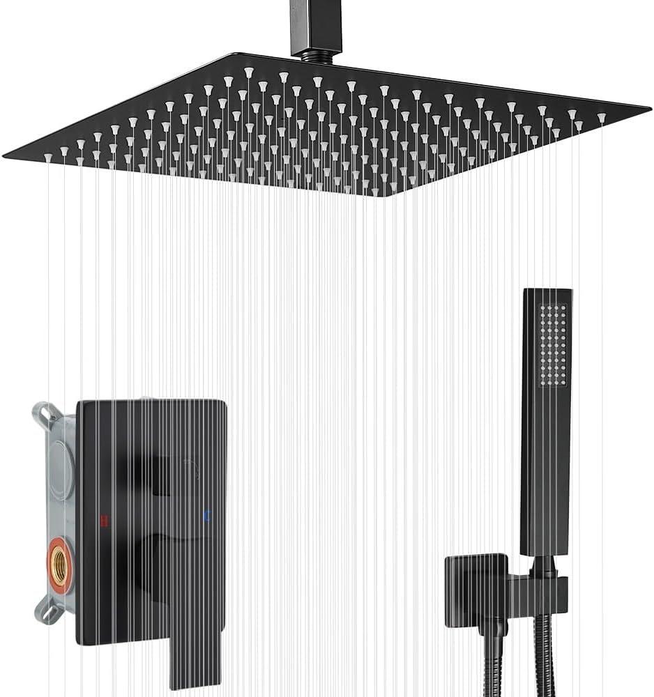 Matte Black 12" Ceiling Mounted Rain Shower System with Handheld Spray