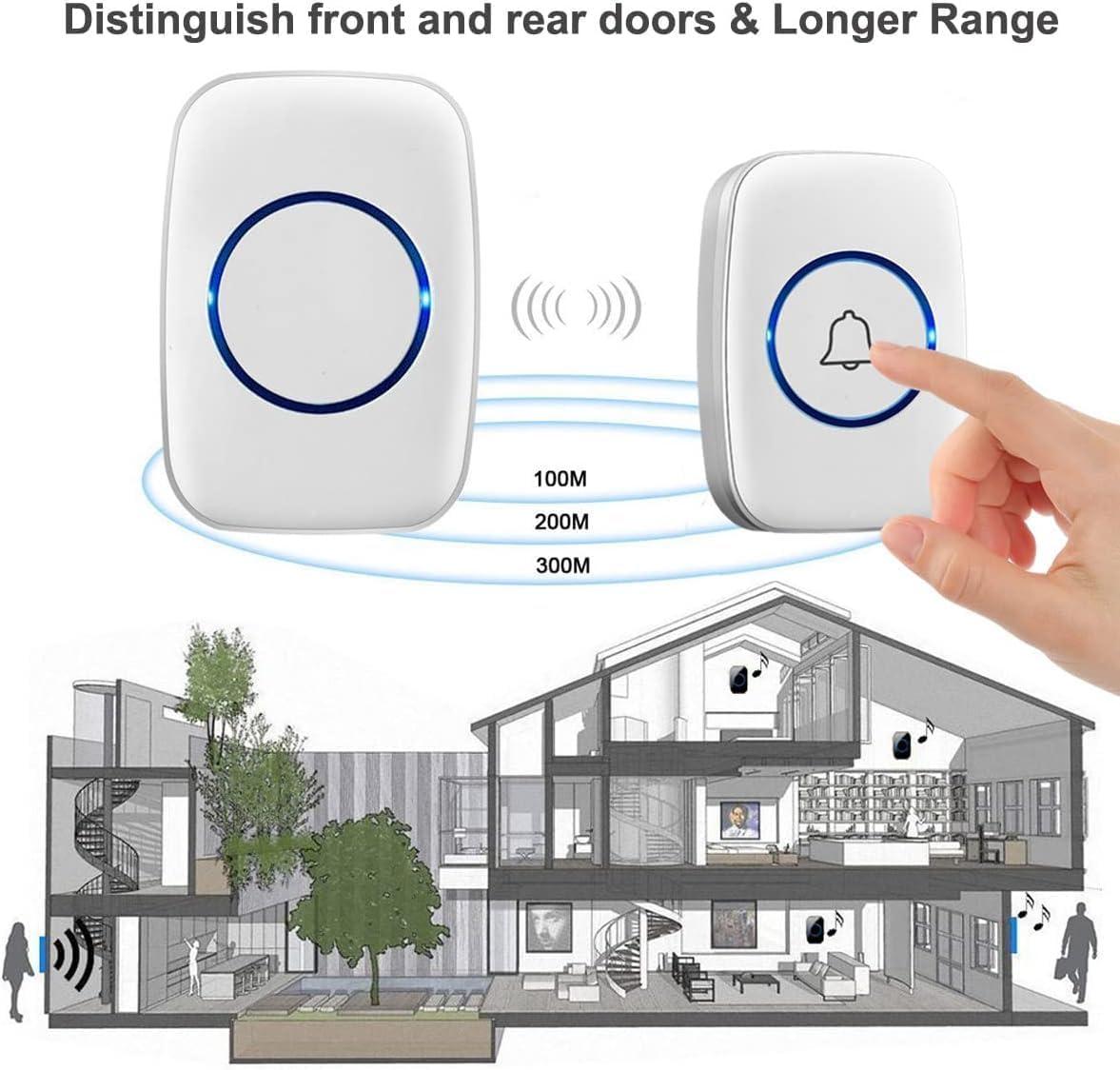 Wireless Doorbell, FullHouse Waterproof Door Bell Kit, Distinguish front and rear doors, Over 1000 feet Range and 60 Chime, 5 Levels Volume and LED Flash, for Home Office Classroom