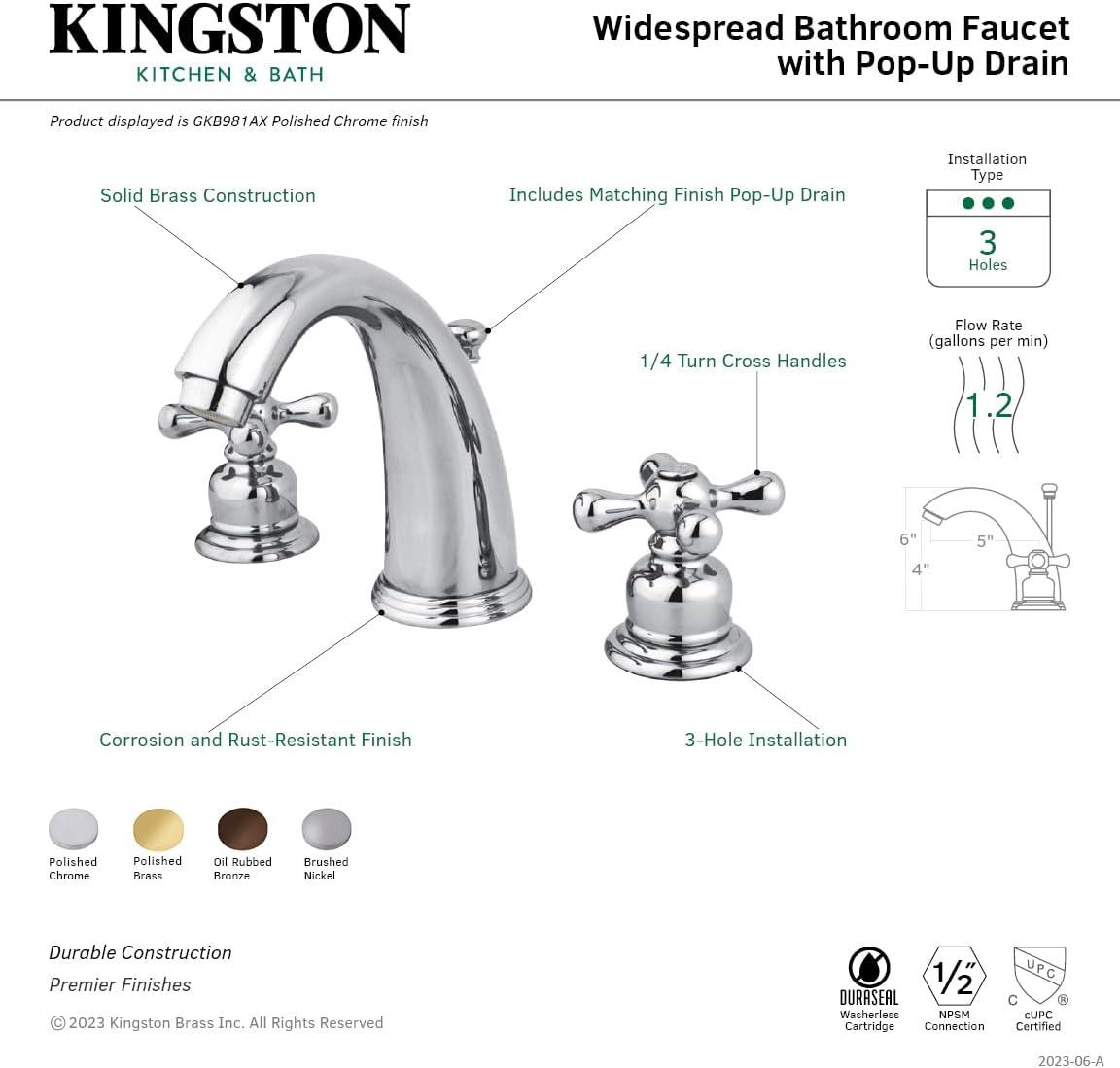 Kingston Brass Victorian Two-Handle 3-Hole Deck Mount Widespread Bathroom Faucet with Retail Pop-Up Drain