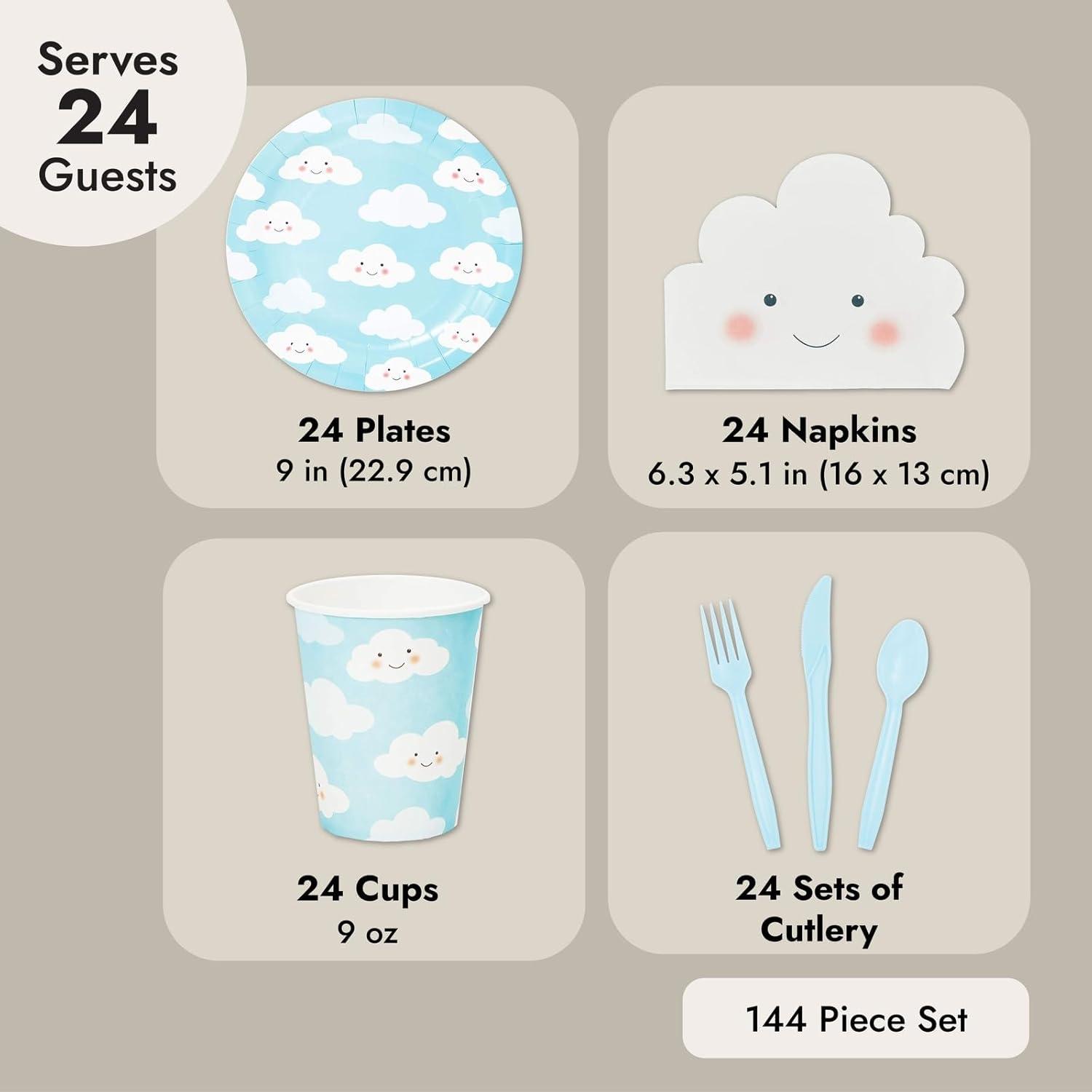 Juvale 144-Piece Serves 24 Cloud Themed Party Supplies - Disposable Plates, Napkins, Cups & Cutlery