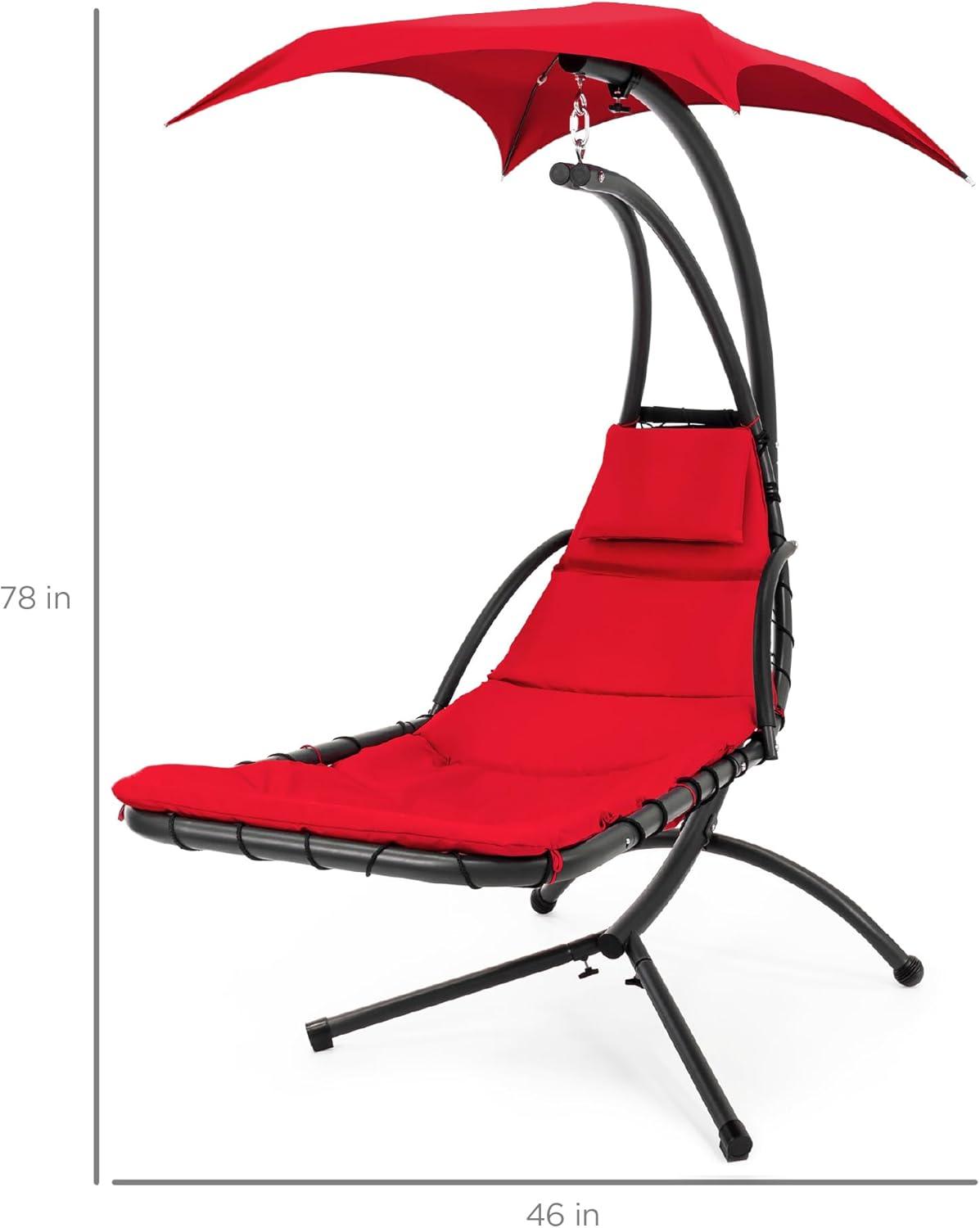 Best Choice Products Hanging Curved Chaise Lounge Chair Swing for Backyard, Patio w/ Pillow, Shade, Stand - Red