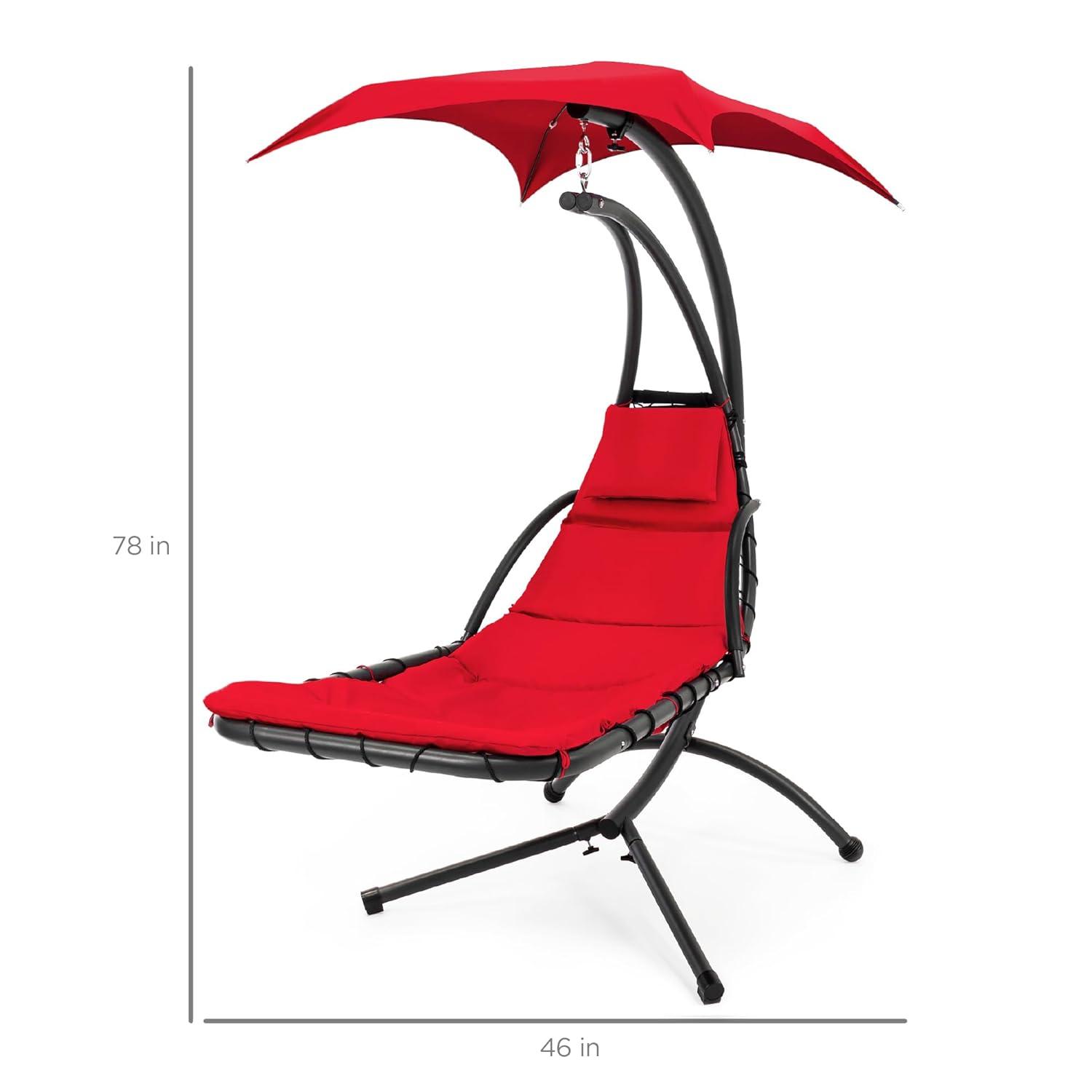 Best Choice Products Hanging Curved Chaise Lounge Chair Swing for Backyard, Patio w/ Pillow, Shade, Stand - Red