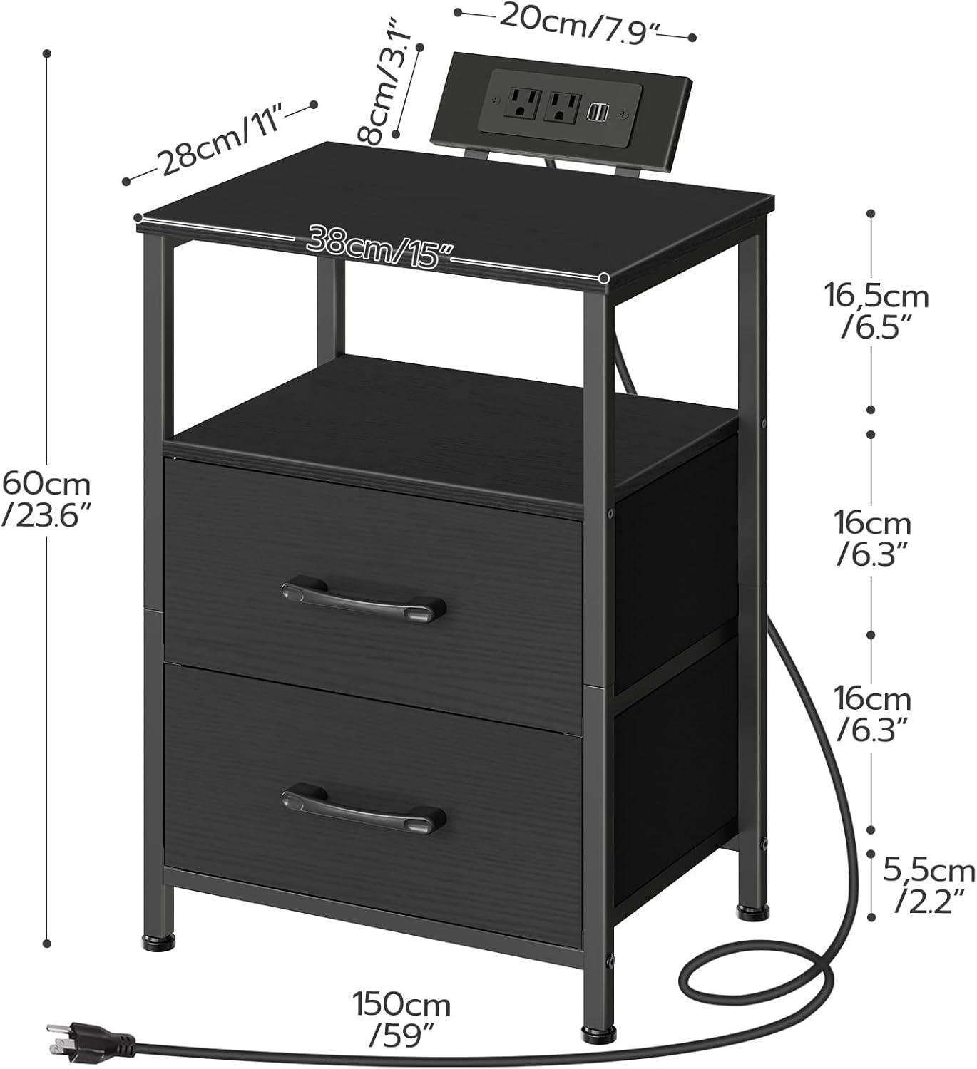 LED Nightstand with Charging Station, Side Table with USB Ports and Outlets, End Table for Small Spaces, Black Bedside Tables with Fabric-Wood 2-in-1 Drawer for Bedroom, Living Room, Office